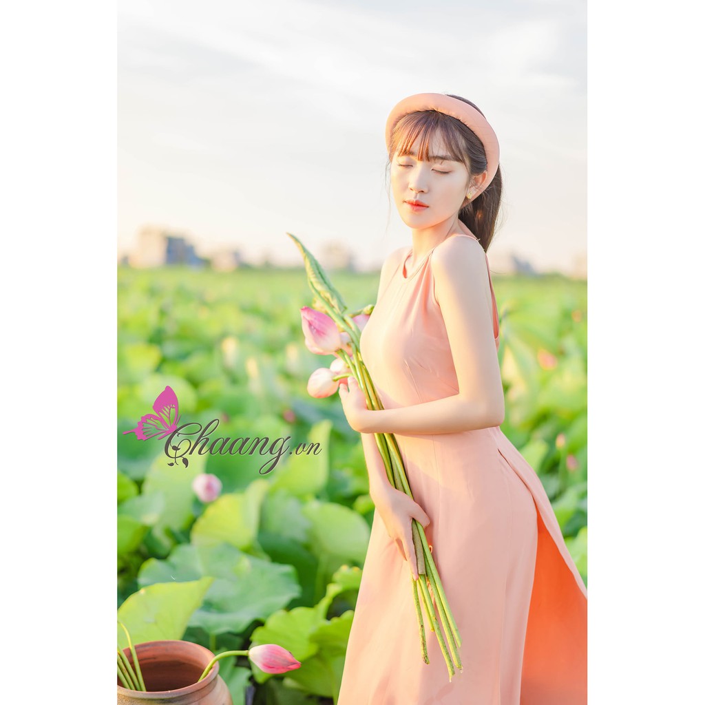 Áo dài cổ yếm hồng chụp sen CHAANG May sẵn dáng áo lụa 2 dây truyền thống dân tộc đẹp ADC514