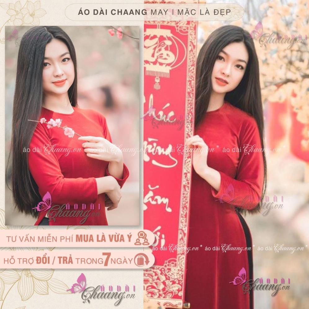 Áo dài cổ tròn đính đá ngọc Chaang May sẵn áo truyền thống vải nhung đỏ đô tươi đẹp