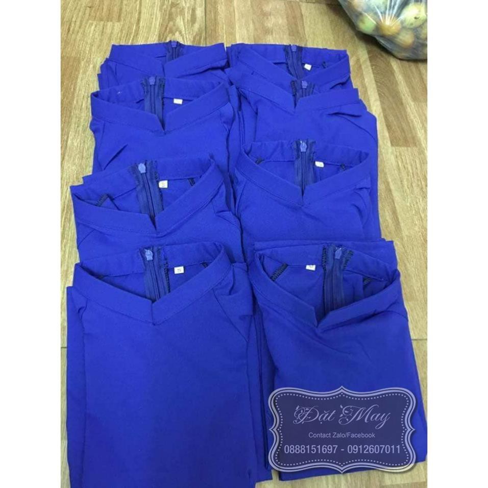 Áo dài xanh coban Chaang May sẵn áo cổ vuông tay lỡ, vải lụa xanh bích