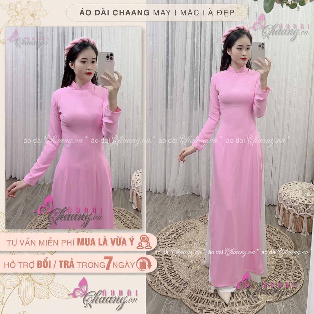 Áo dài truyền thống hồng phấn CHAANG May sẵn lụa Mỹ co giãn 4 chiều cao cấp lên form đẹp