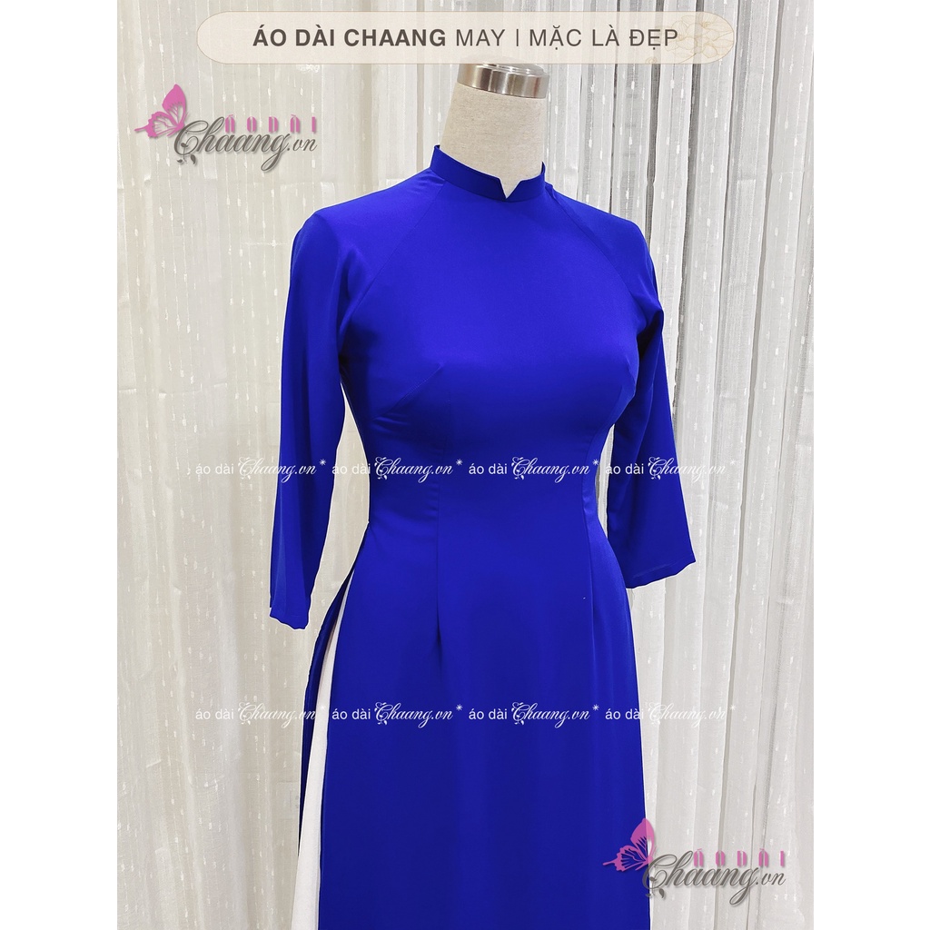 Áo dài xanh coban Chaang May sẵn áo cổ vuông tay lỡ, vải lụa xanh bích