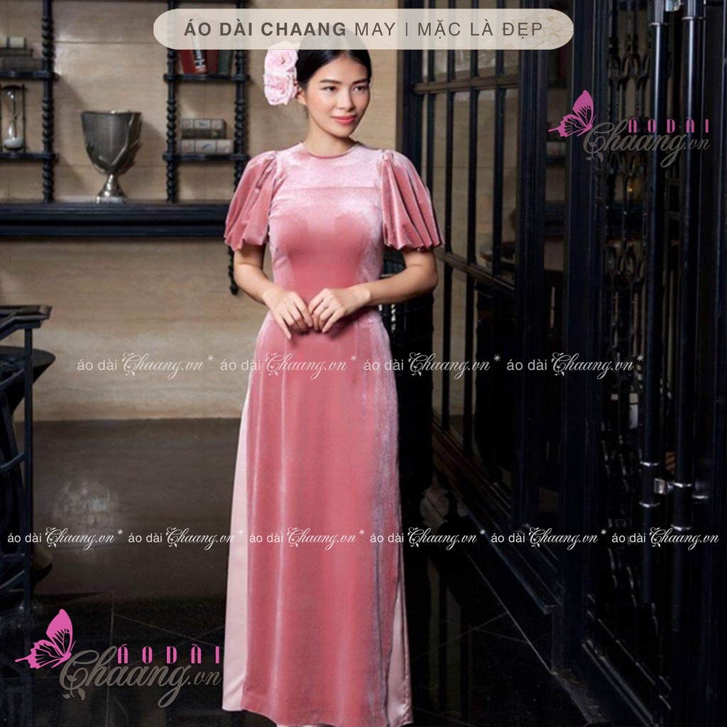 Áo Dài Nhung Cách Tân Nữ May Sẵn Tay Bèo Thun Bồng Sang Trọng Mặc Dự Tiệc Lễ Tết Đẹp