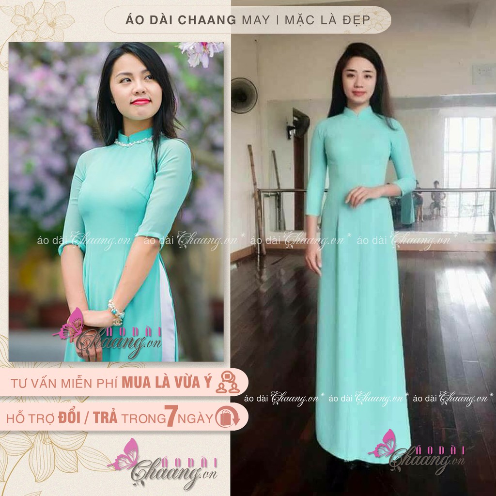 Áo dài lụa xanh ngọc Chaang đính đá ngọc zíc zắc cao cấp, cổ vuông tay lỡ