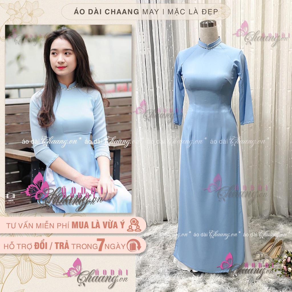 Áo dài xanh biển hay xanh da trời chất lụa trượt tằm xịn 4 tà