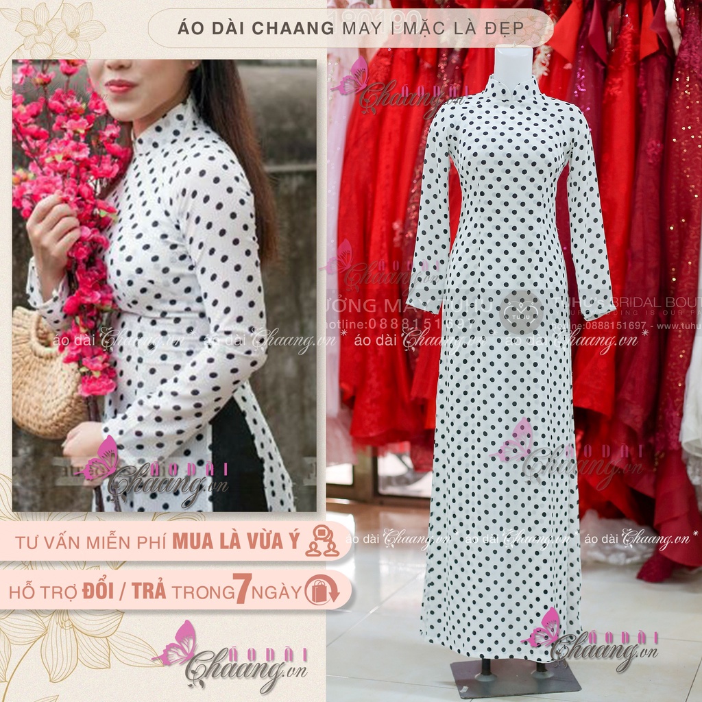 Áo dài trắng chấm bi - Áo dài truyền thống may sẵn lụa đẹp cổ sen cao tay dài