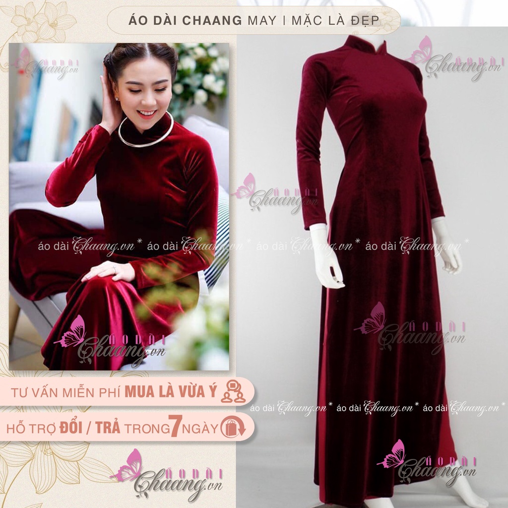 Áo Dài Nhung Đỏ Đô Đậm Truyền Thống May Sẵn Dự Tiệc Lễ Tết Đẹp Quý Phái
