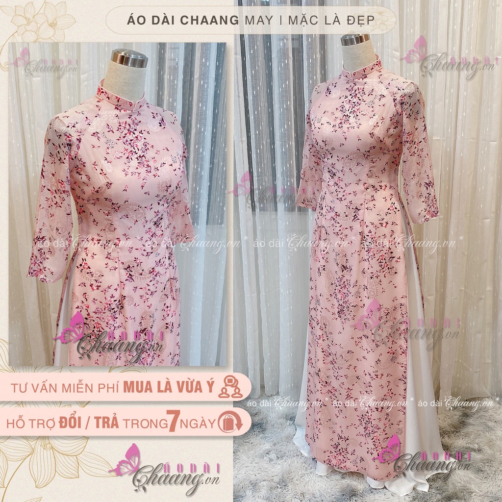 Áo Dài Hoa Nhí Hồng May Sẵn Áo Dài Truyền Thống Lụa Tơ Đẹp 2 Tà HT020