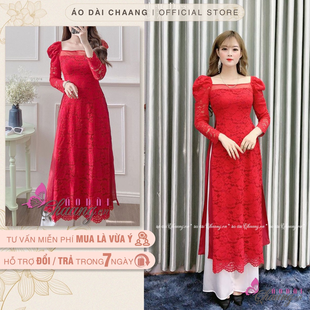 Áo Dài Đỏ Cách Tân Nữ Ren Phủ 4 Tao Cấp Cổ Voon Vuông Trễ Tay Vai Bồng Dài Dự Tiệc Lễ Tết Đẹp