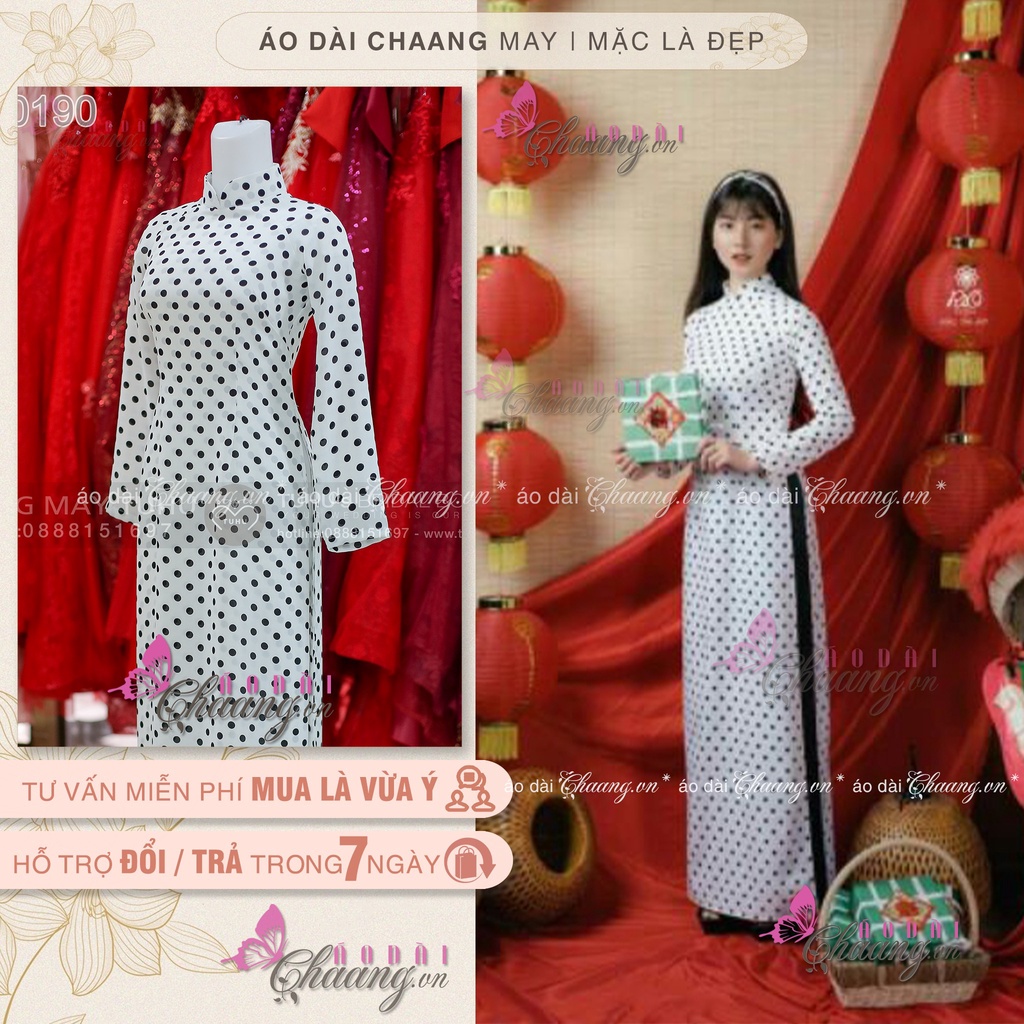 Áo dài trắng chấm bi - Áo dài truyền thống may sẵn lụa đẹp cổ sen cao tay dài