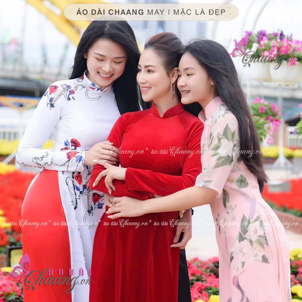 Áo dài nhung đỏ Chaang may sẵn vải áo dài truyền thống co giãn dễ mặc dự tiệc lễ tết đẹp