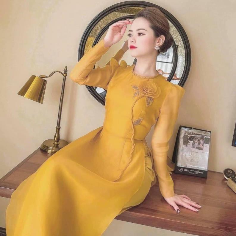 Áo Dài Cách Tân Nữ Cao Cấp May Sẵn Tay Bồng Lụa Tơ 4 Tà Cổ Tròn Kết Hoa Thủ Công Phù Hợp Dự Tiệc Lễ Tết Đẹp