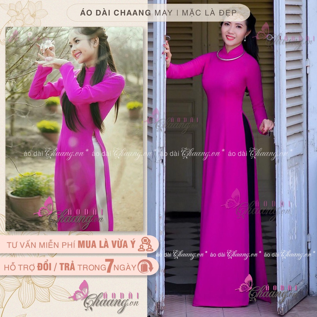 Áo dài truyền thống màu hồng hoa 10h Chaang may sẵn lụa my cao cấp cổ sen tay dài dự tiệc lễ tết đẹp ADC056