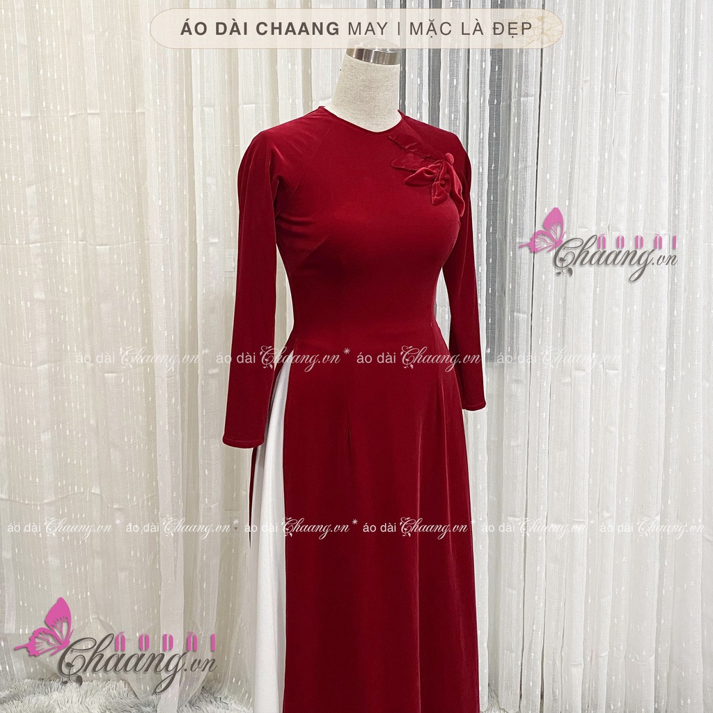 Áo dài nhung cổ tròn CHAANG May sẵn Áo dài nhung sang trọng, vải áo dài nhung đỏ sang trọng
