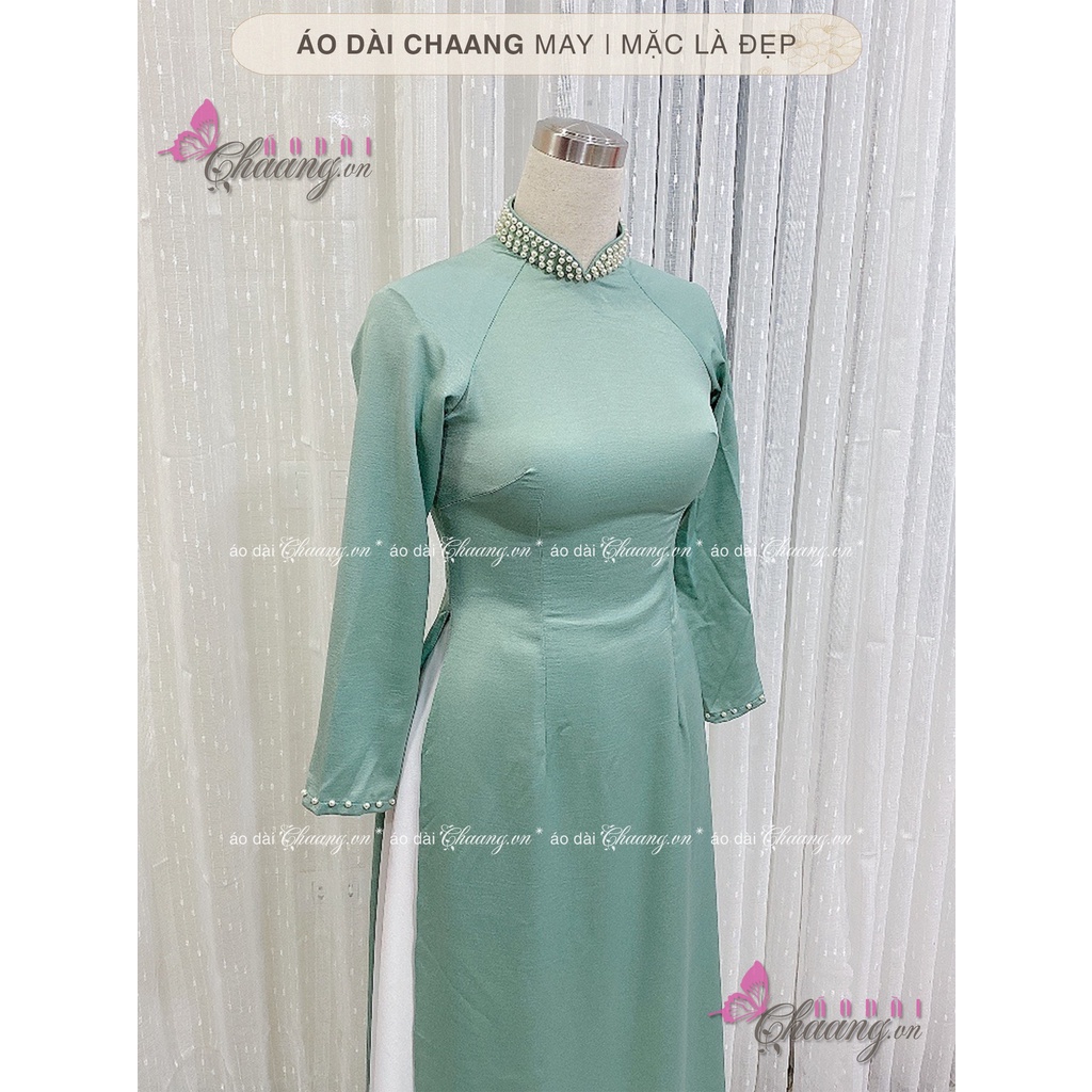 Áo Dài Lụa Xanh Đính Đá Ngọc Đẹp May Sẵn Lua Tây Thi Đẹp ADX021