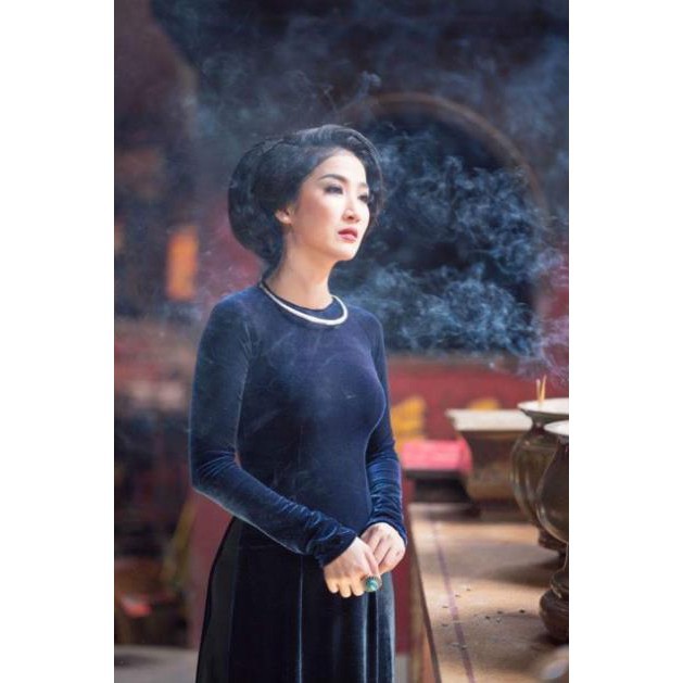 Áo dài nhung đẹp Chaang May sẵn áo dài truyền thống màu xanh than, vải áo dài co giãn tốt