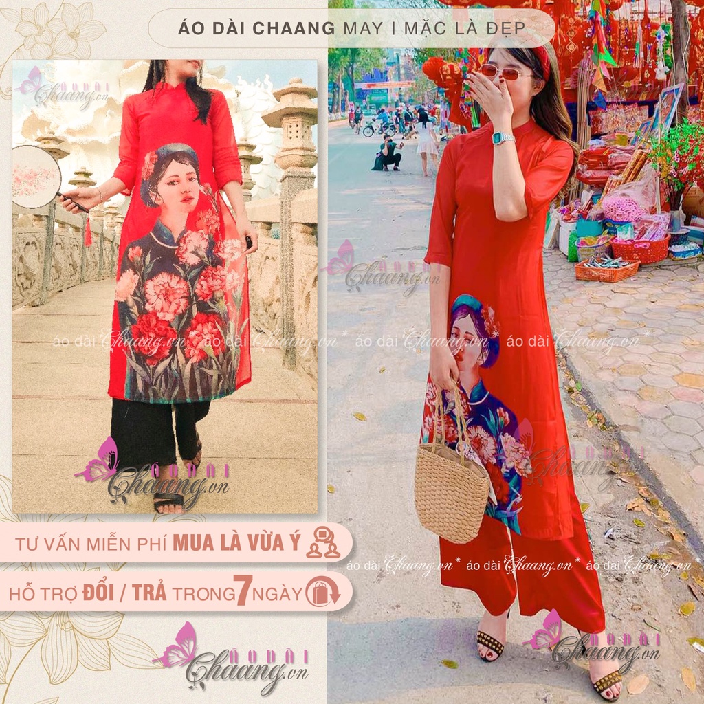 Áo dài cách tân cô gái CHAANG May sẵn vải áo dài 4 tà lụa tơ in hình dự tiệc lễ tết đẹp