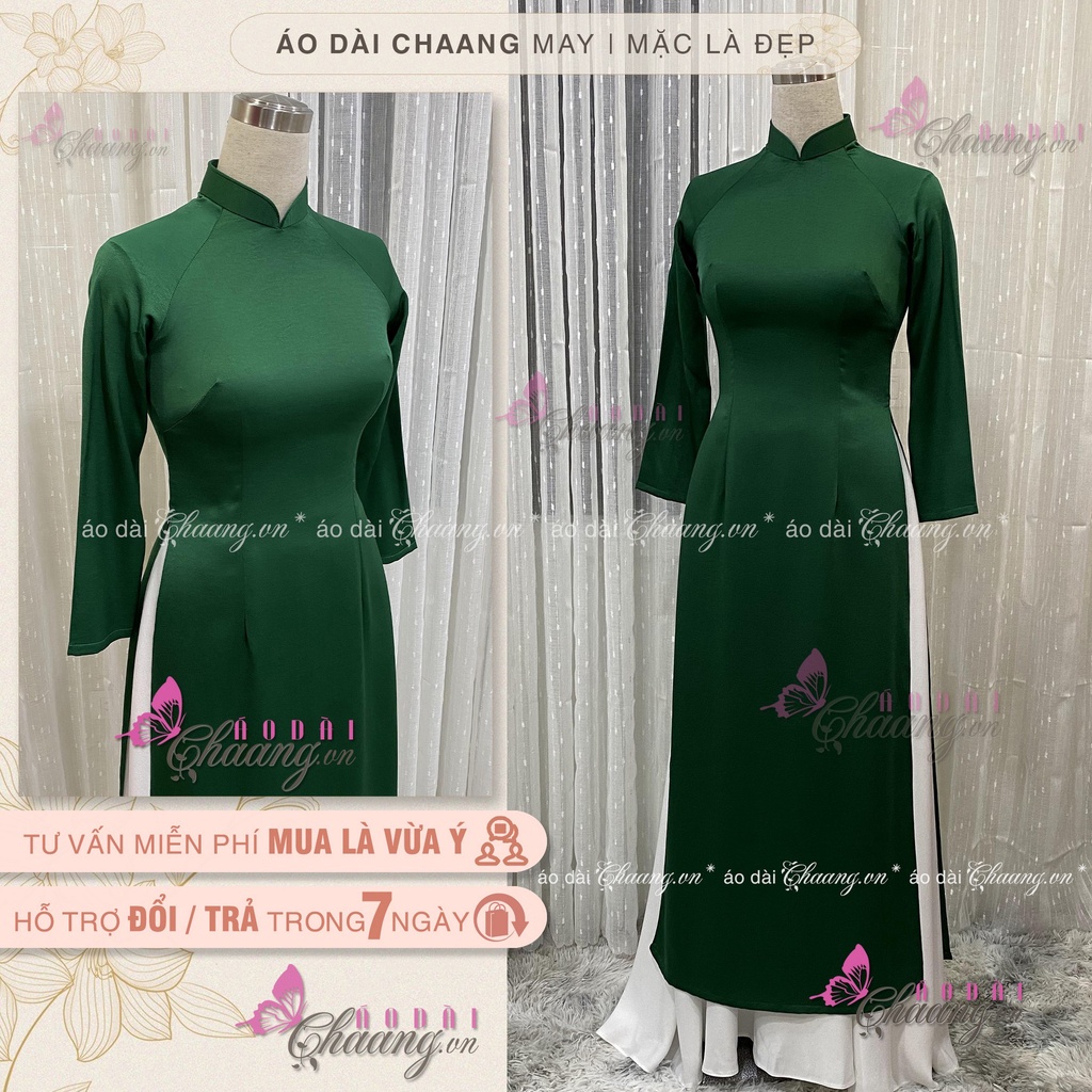 Áo dài xanh rêu CHAANG dáng áo dài lụa truyền thống vải tây thi mềm co giãn tốt