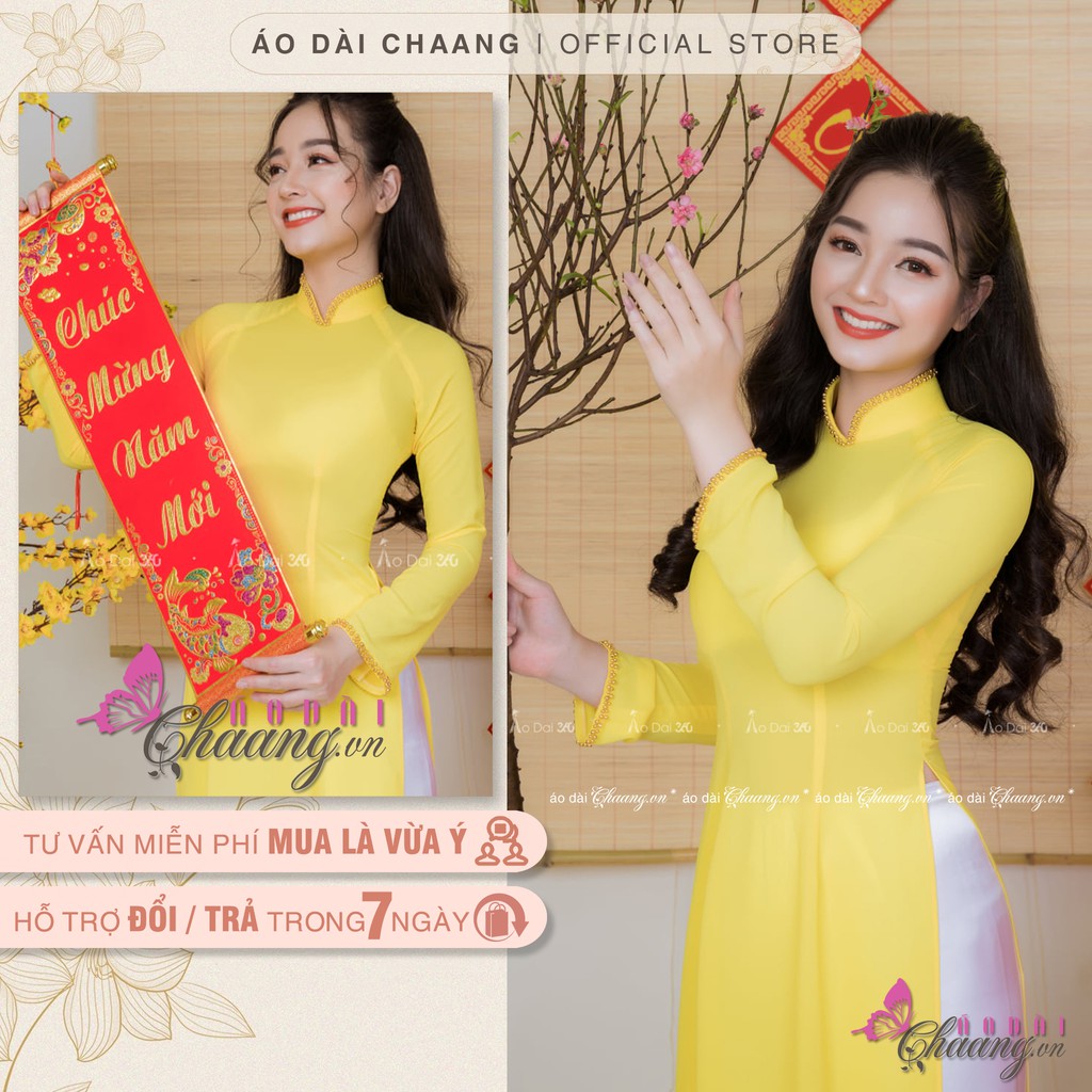 Áo dài vàng đính đá pha lê Chaang may sẵn vải áo dài truyền thống dự tiệc lễ tết đẹp