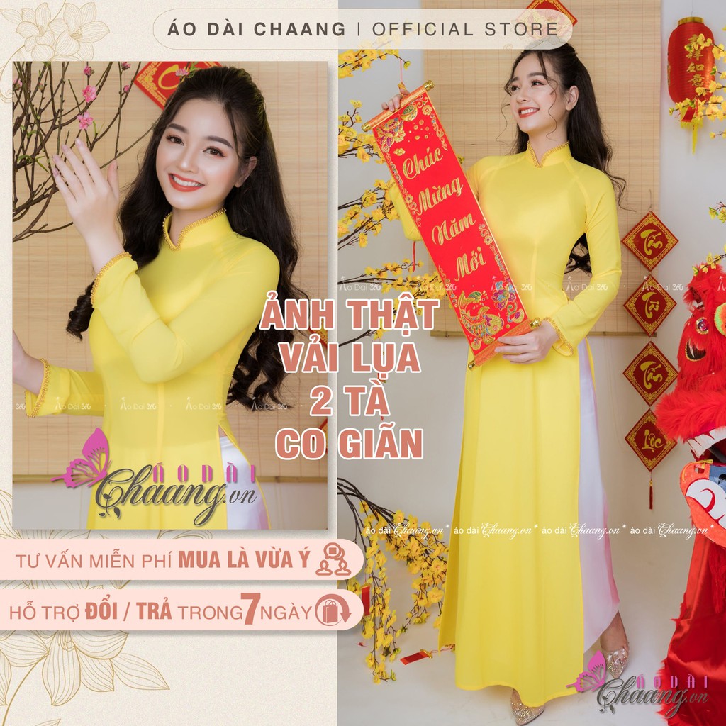 Áo dài vàng đính đá pha lê Chaang may sẵn vải áo dài truyền thống dự tiệc lễ tết đẹp