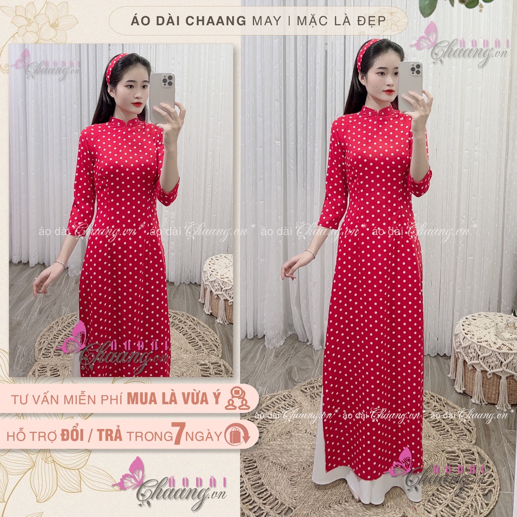 Áo Dài Đỏ Tươi Chấm Bi Trắng May Sẵn Áo Dài Truyền Thống Cổ Vuông Tay Lỡ Lụa Mặc Tết Đẹp