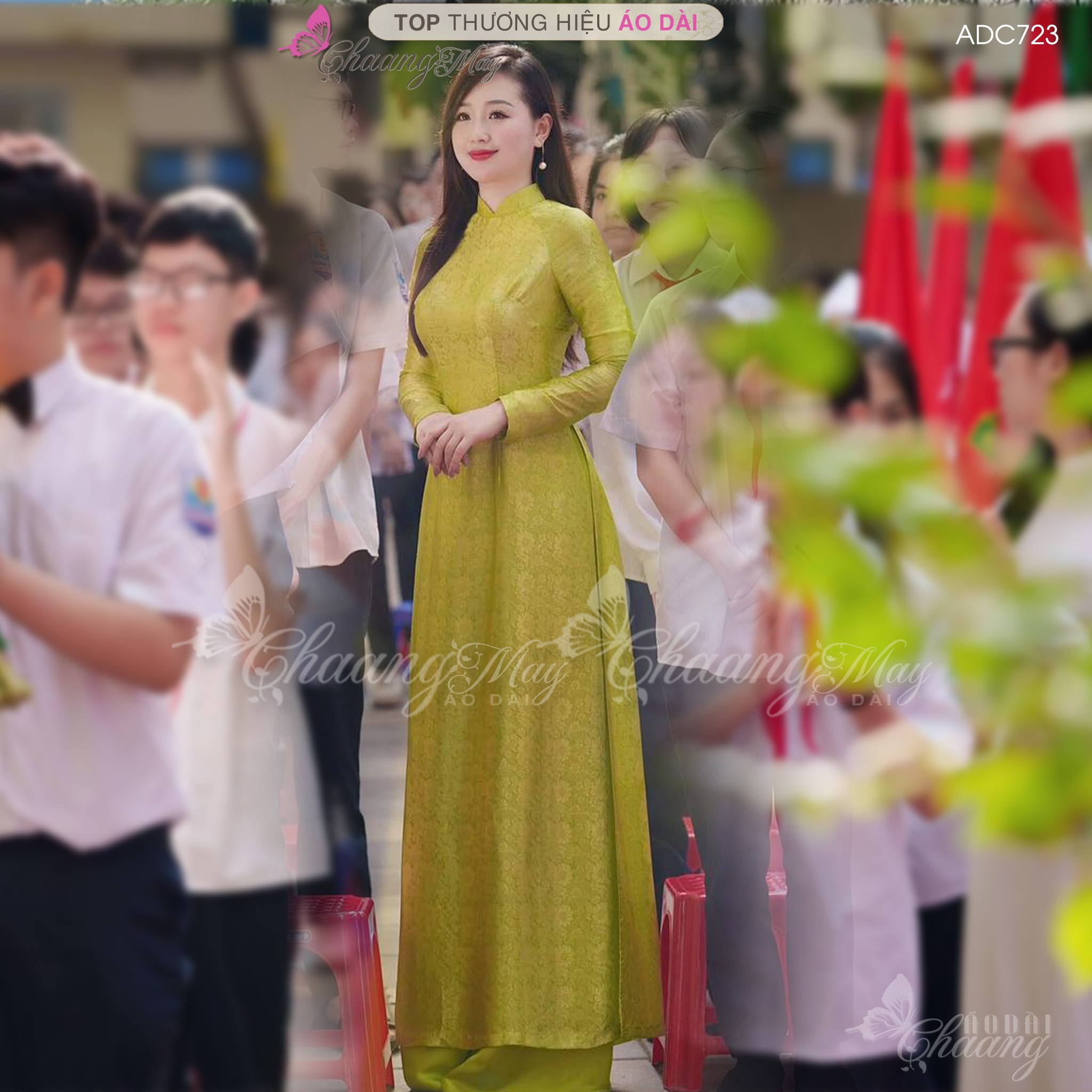 Áo dài cô giáo Hà thành truyền thống Chaang may sẵn áo dài xanh cốm vàng chanh giáo viên dự tiệc đẹp ADC716