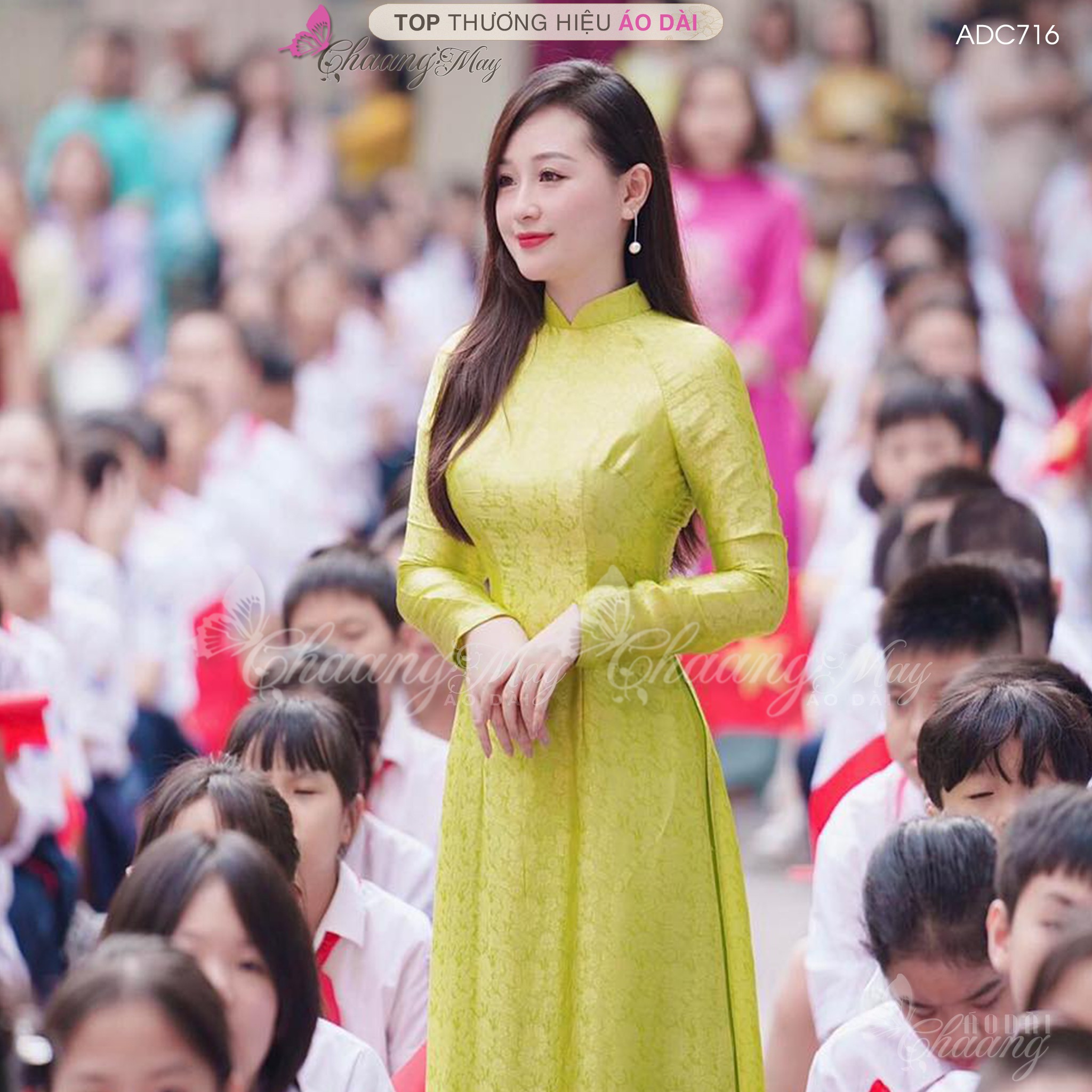 Áo dài cô giáo Hà thành truyền thống Chaang may sẵn áo dài xanh cốm vàng chanh giáo viên dự tiệc đẹp ADC716