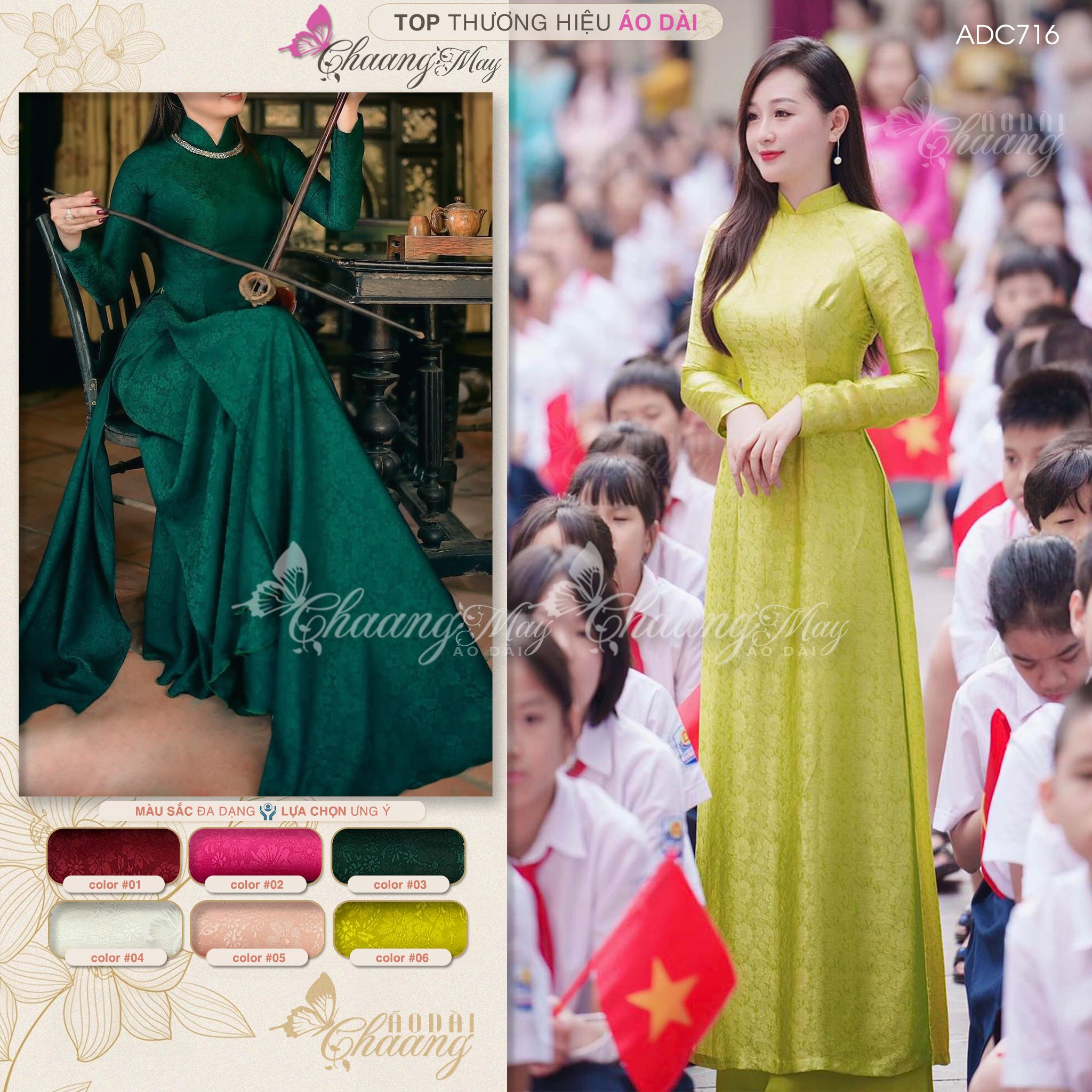 Áo dài cô giáo Hà thành truyền thống Chaang may sẵn áo dài xanh cốm vàng chanh giáo viên dự tiệc đẹp ADC716