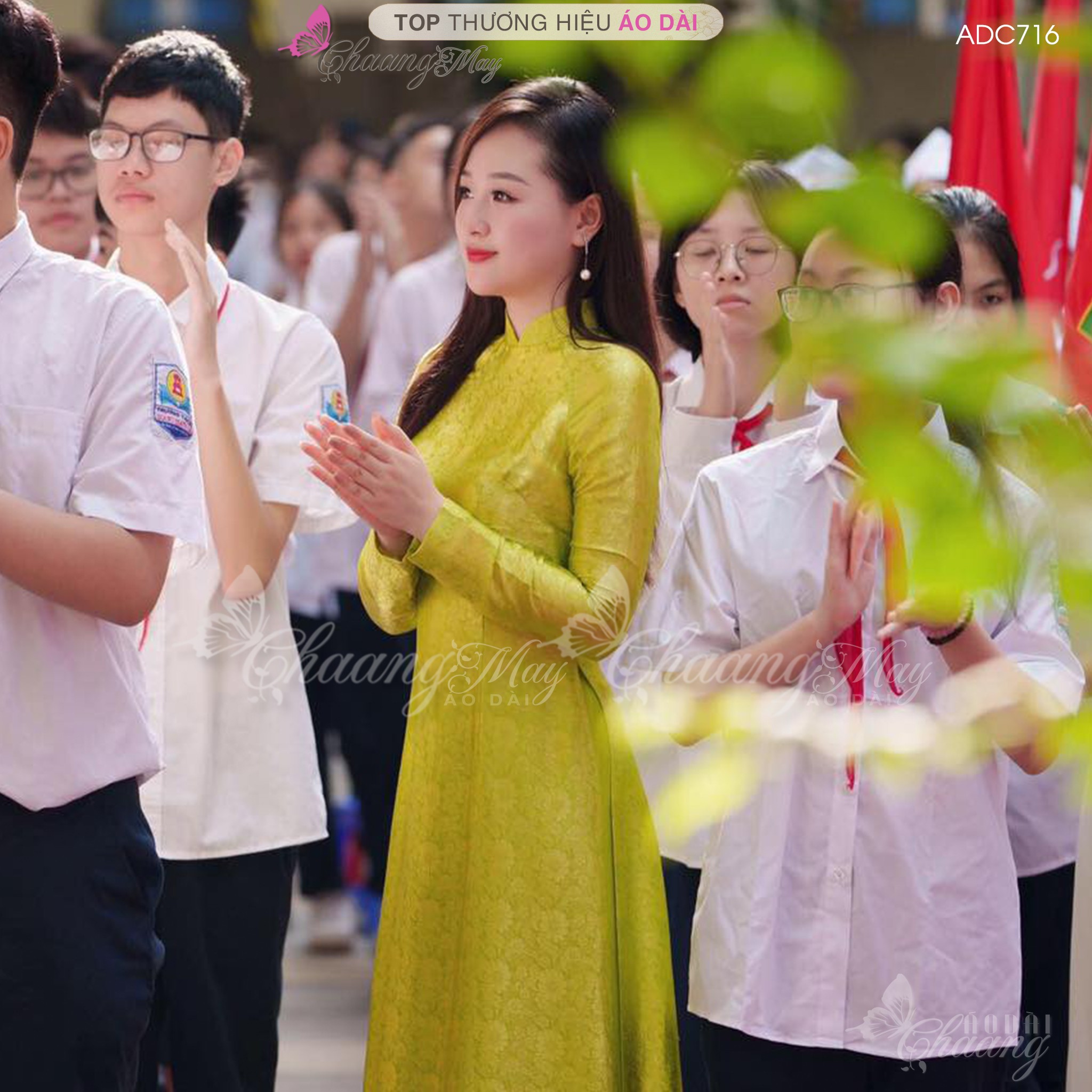 Áo dài cô giáo Hà thành truyền thống Chaang may sẵn áo dài xanh cốm vàng chanh giáo viên dự tiệc đẹp ADC716