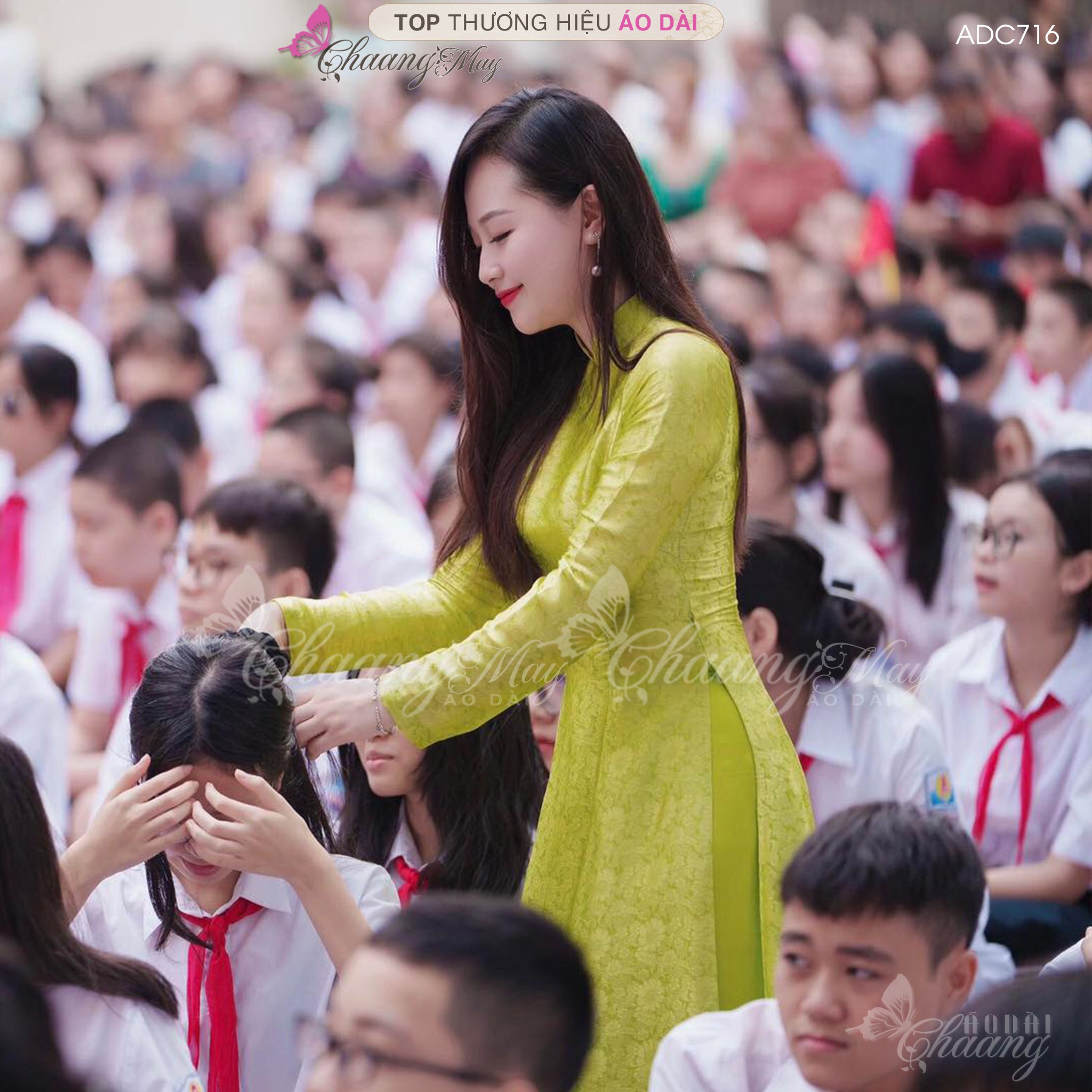 Áo dài cô giáo Hà thành truyền thống Chaang may sẵn áo dài xanh cốm vàng chanh giáo viên dự tiệc đẹp ADC716