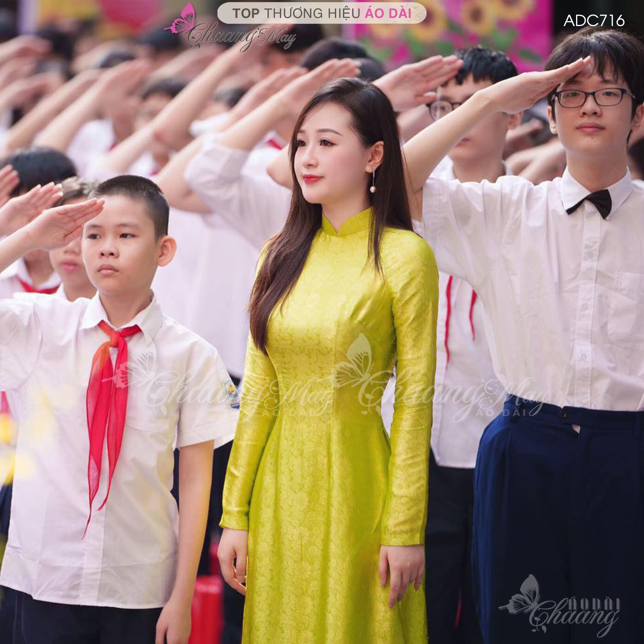 Áo dài cô giáo Hà thành truyền thống Chaang may sẵn áo dài xanh cốm vàng chanh giáo viên dự tiệc đẹp ADC716