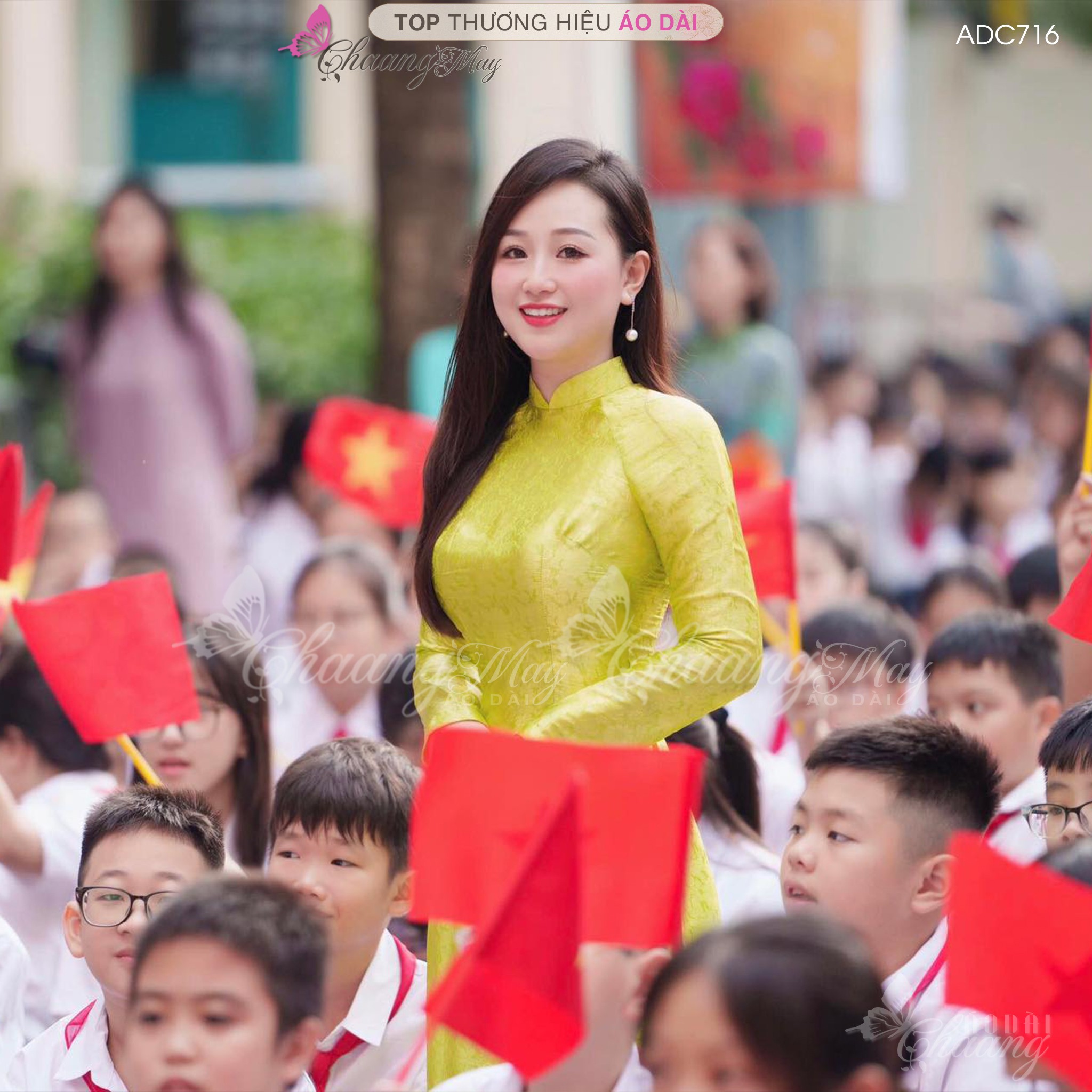 Áo dài cô giáo Hà thành truyền thống Chaang may sẵn áo dài xanh cốm vàng chanh giáo viên dự tiệc đẹp ADC716