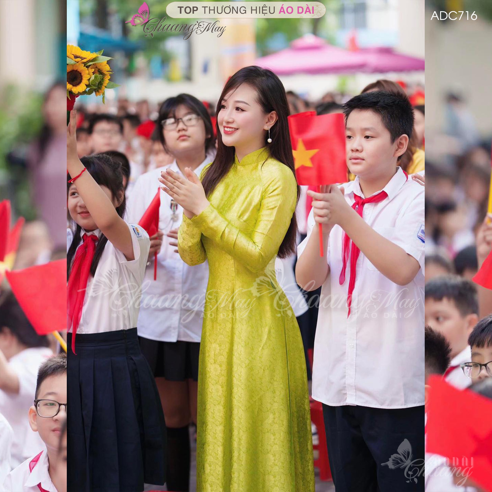 Áo dài cô giáo Hà thành truyền thống Chaang may sẵn áo dài xanh cốm vàng chanh giáo viên dự tiệc đẹp ADC716