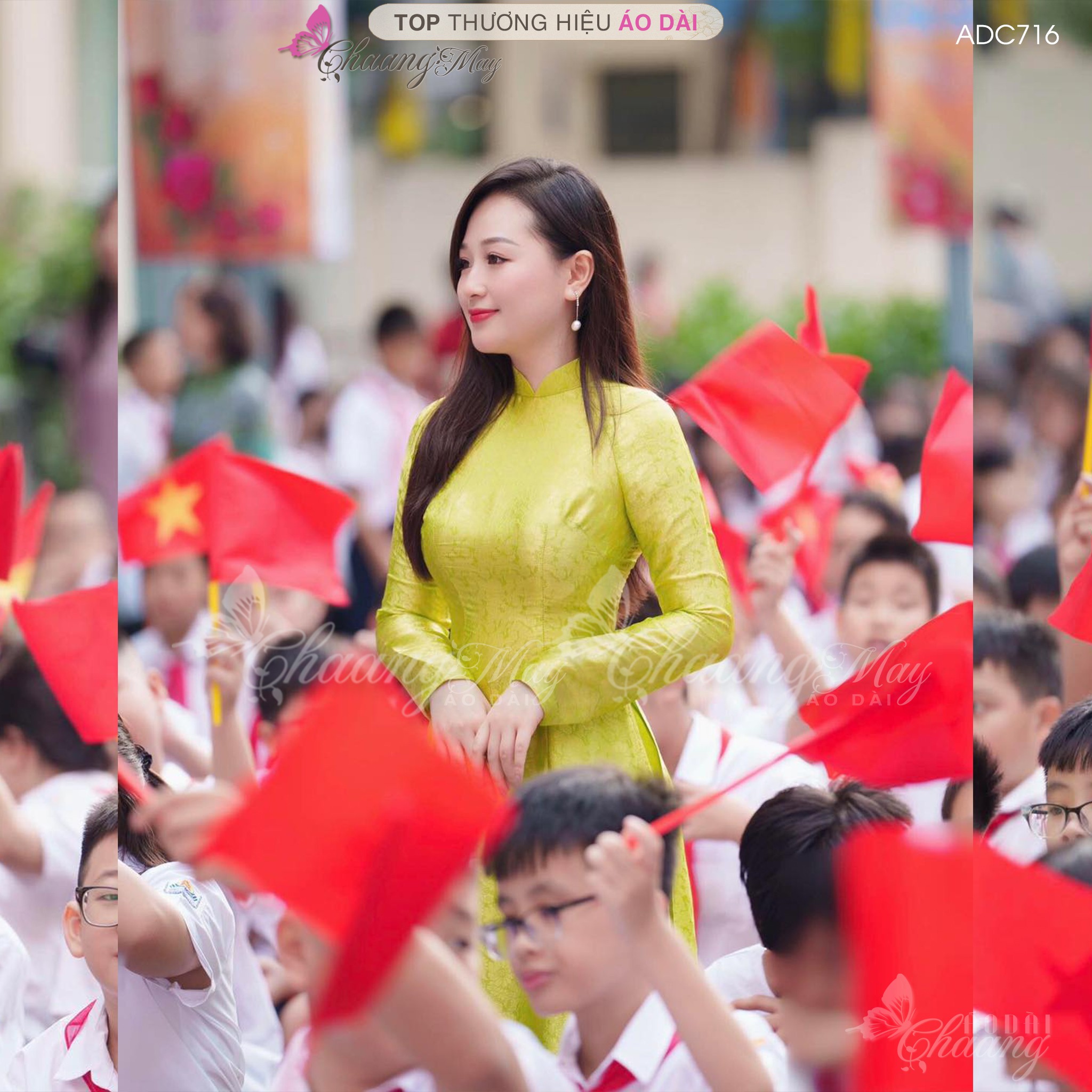 Áo dài cô giáo Hà thành truyền thống Chaang may sẵn áo dài xanh cốm vàng chanh giáo viên dự tiệc đẹp ADC716