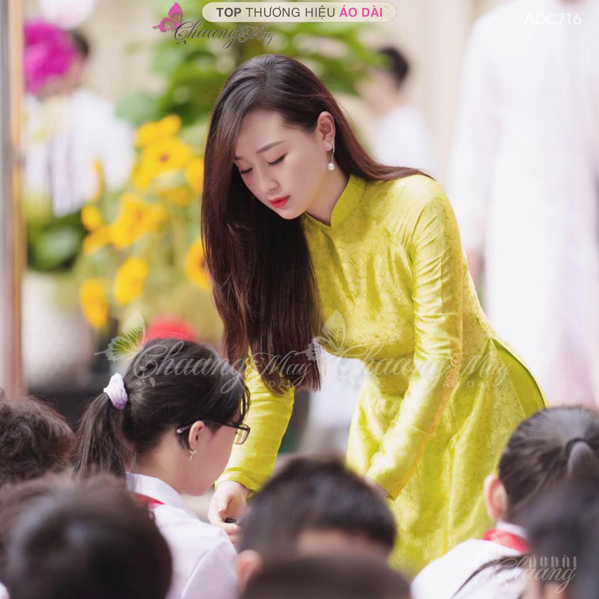 Áo dài cô giáo Hà thành truyền thống Chaang may sẵn áo dài xanh cốm vàng chanh giáo viên dự tiệc đẹp ADC716