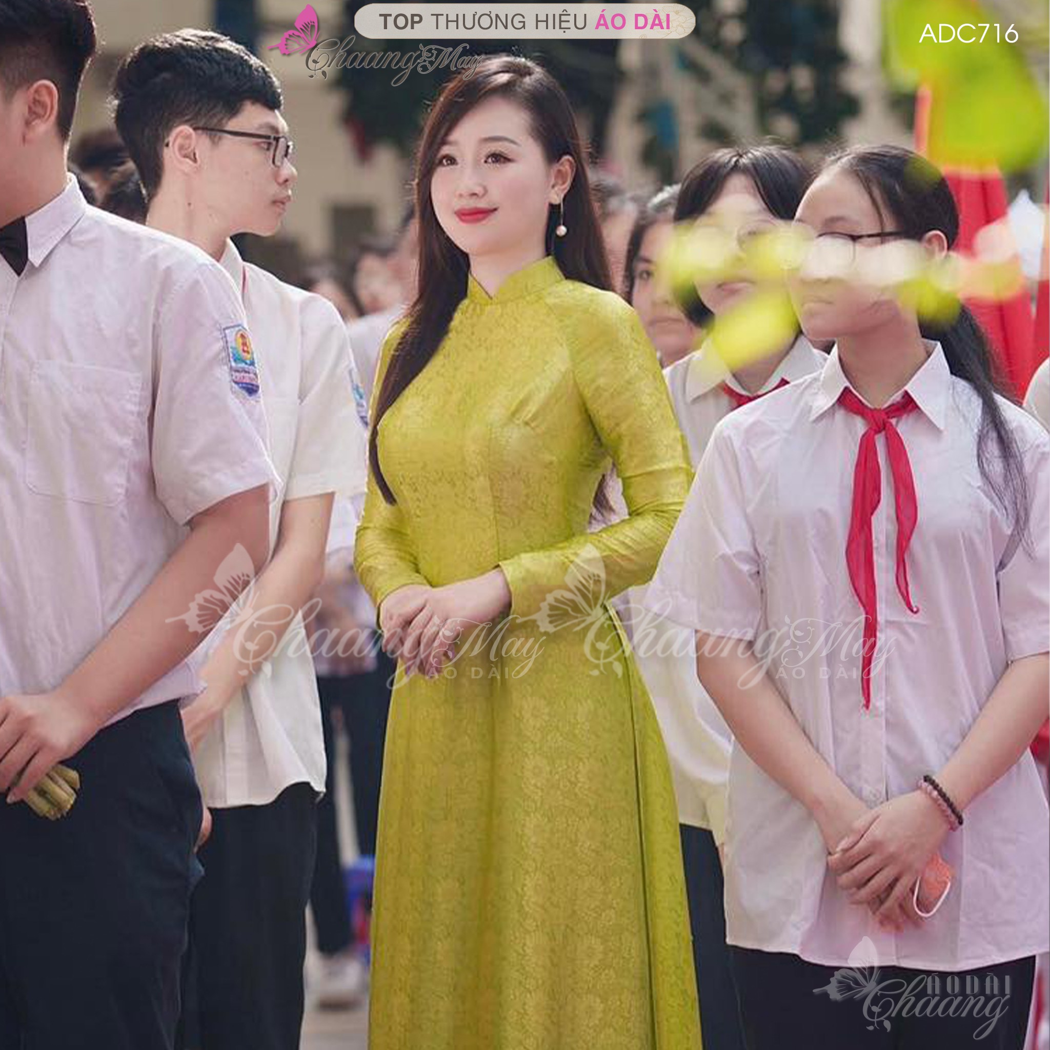 Áo dài cô giáo Hà thành truyền thống Chaang may sẵn áo dài xanh cốm vàng chanh giáo viên dự tiệc đẹp ADC716