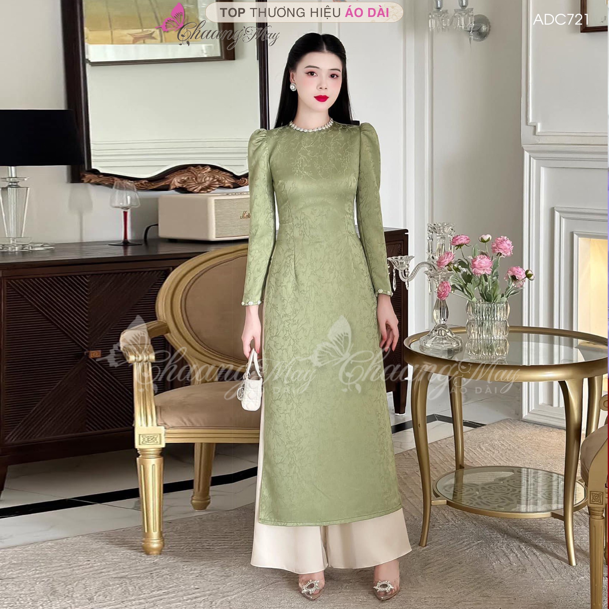 Áo dài xanh rêu cách tân nữ dáng suông xưa Chaang may sẵn lụa xuông bầu dự tiệc lễ tết đẹp ADC721