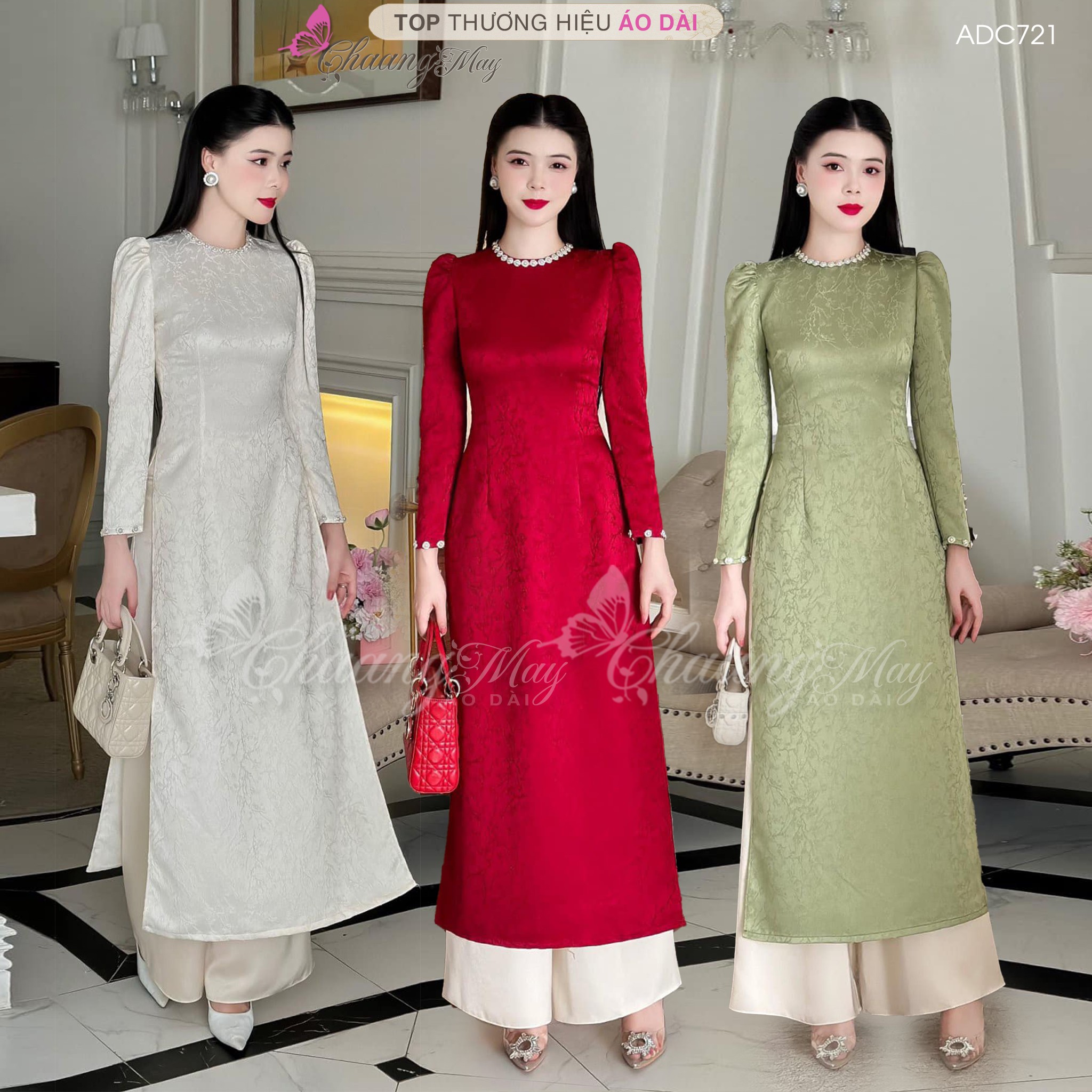 Áo dài xanh rêu cách tân nữ dáng suông xưa Chaang may sẵn lụa xuông bầu dự tiệc lễ tết đẹp ADC721