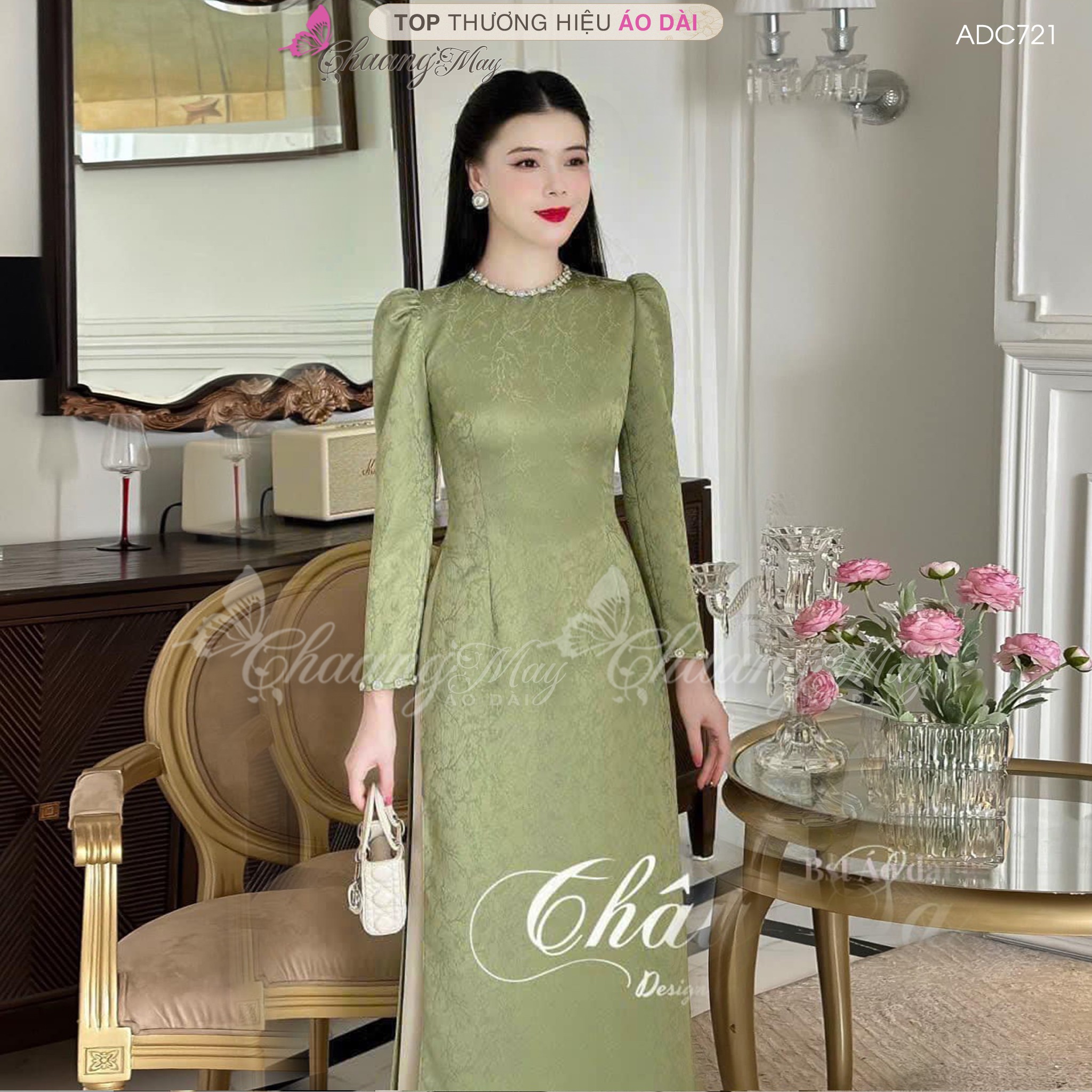 Áo dài xanh rêu cách tân nữ dáng suông xưa Chaang may sẵn lụa xuông bầu dự tiệc lễ tết đẹp ADC721
