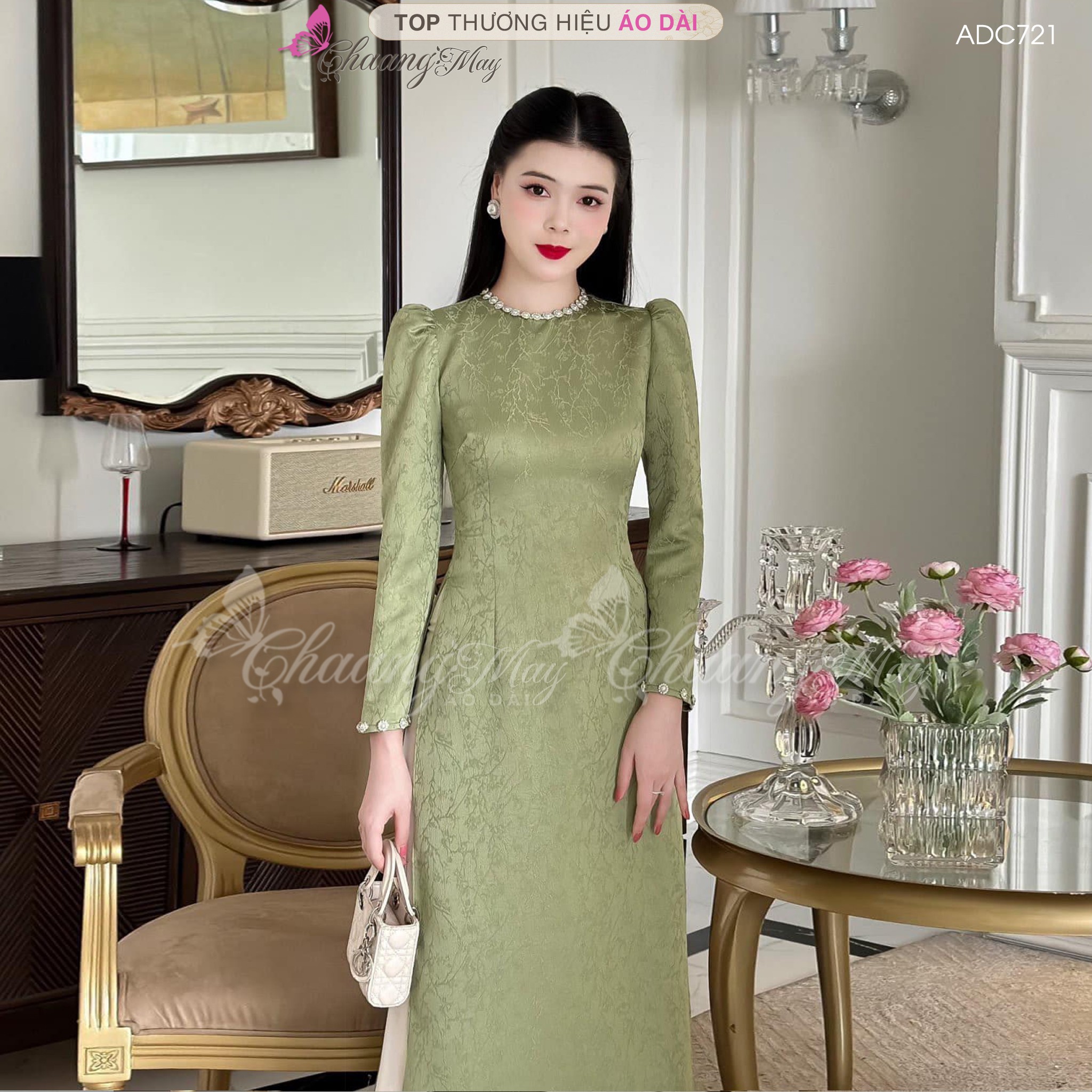 Áo dài xanh rêu cách tân nữ dáng suông xưa Chaang may sẵn lụa xuông bầu dự tiệc lễ tết đẹp ADC721