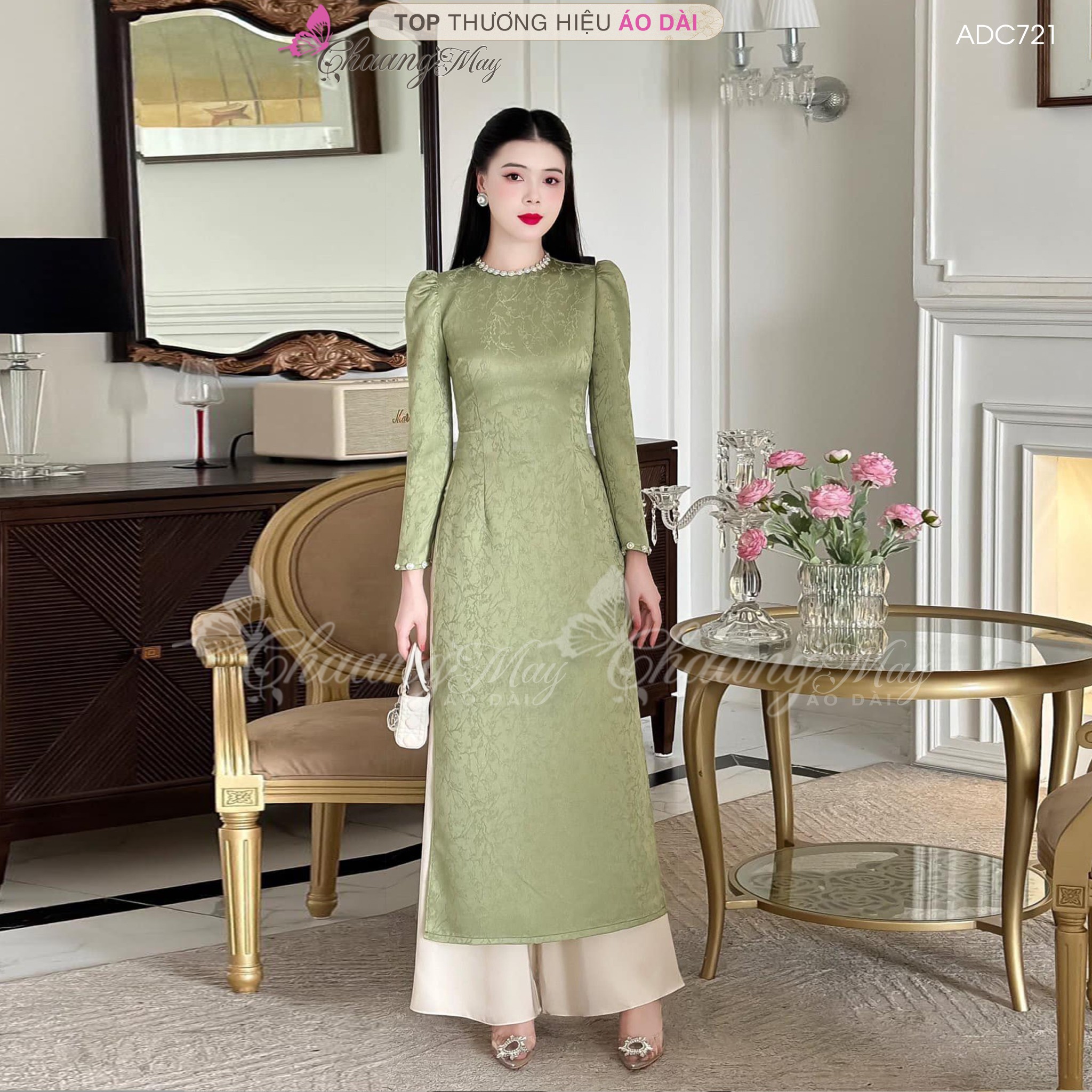 Áo dài xanh rêu cách tân nữ dáng suông xưa Chaang may sẵn lụa xuông bầu dự tiệc lễ tết đẹp ADC721
