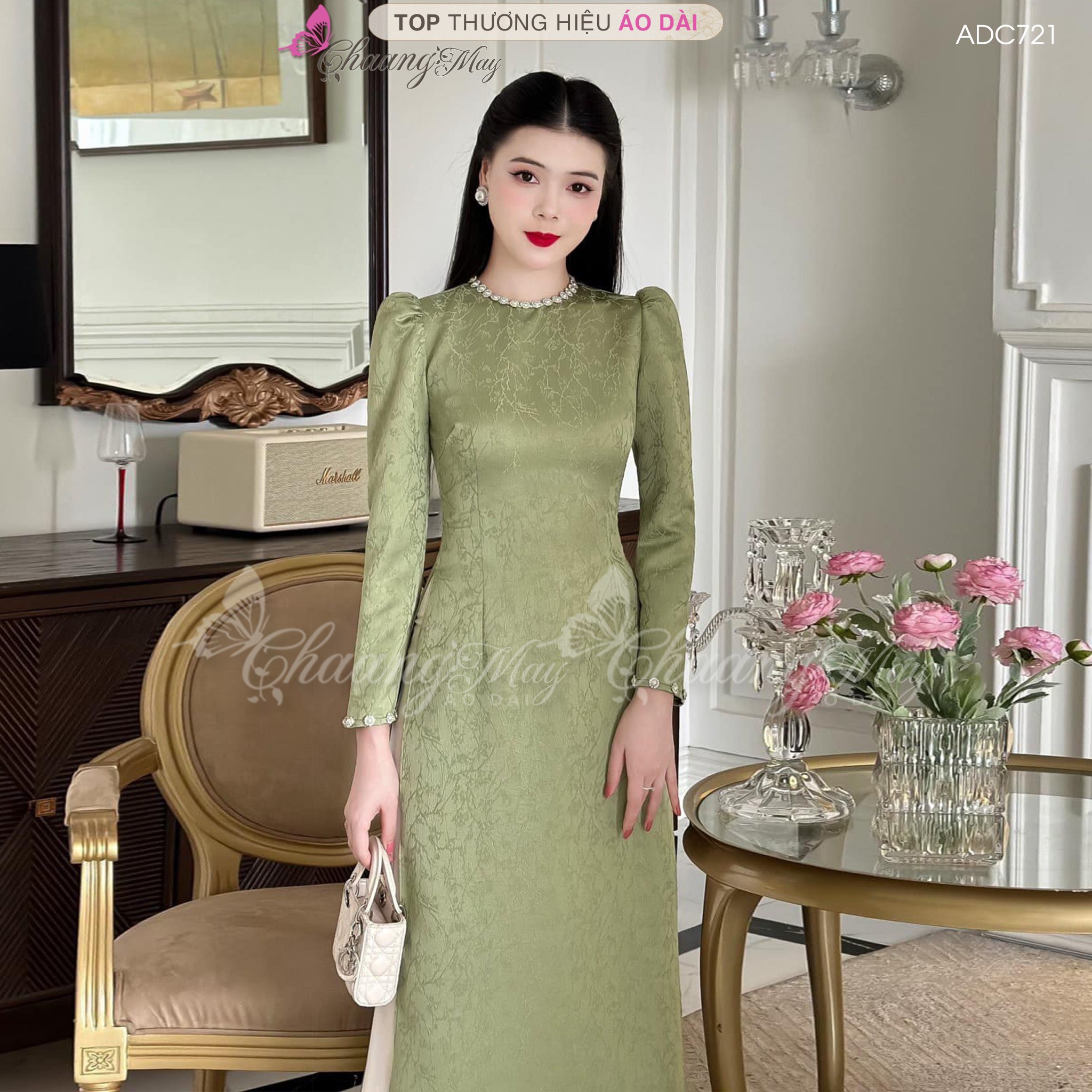 Áo dài xanh rêu cách tân nữ dáng suông xưa Chaang may sẵn lụa xuông bầu dự tiệc lễ tết đẹp ADC721
