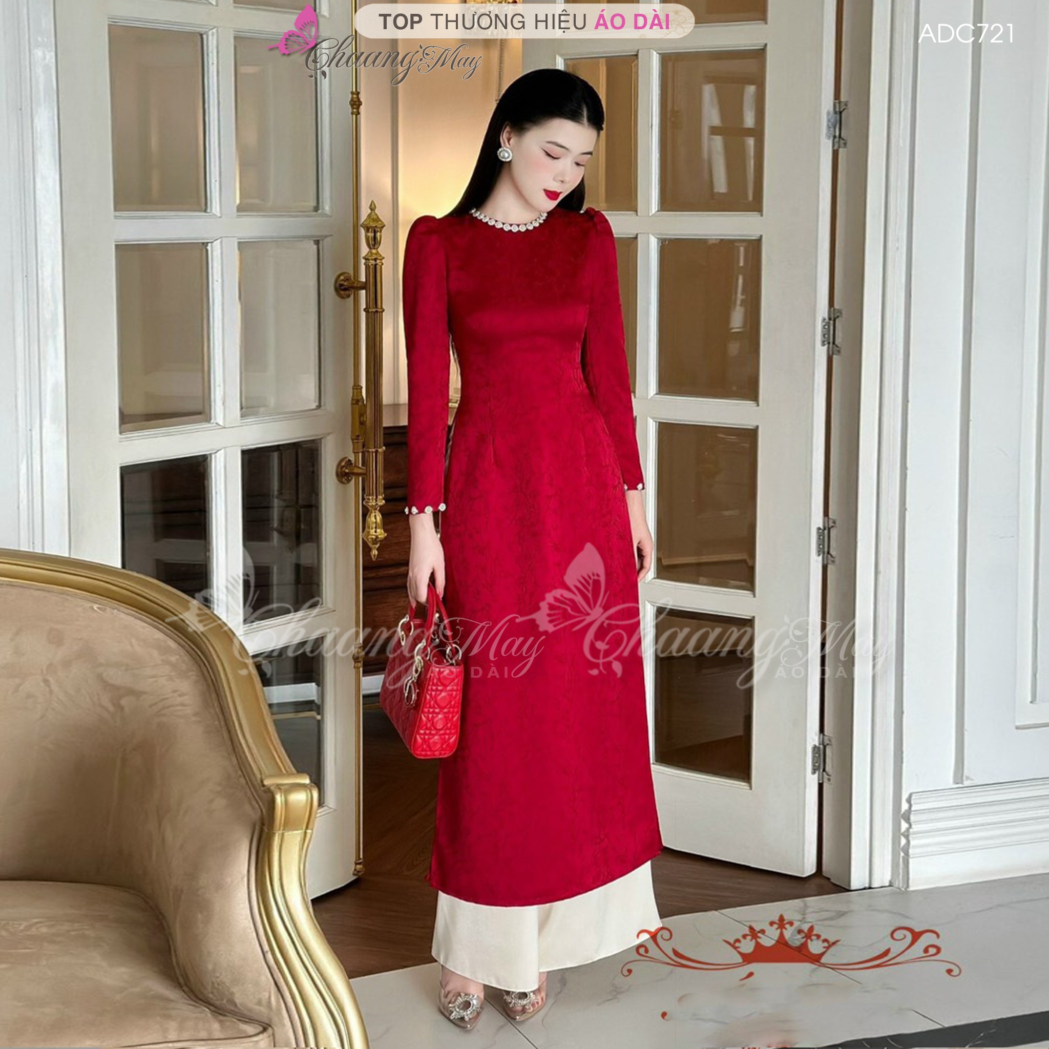 Áo dài xanh rêu cách tân nữ dáng suông xưa Chaang may sẵn lụa xuông bầu dự tiệc lễ tết đẹp ADC721