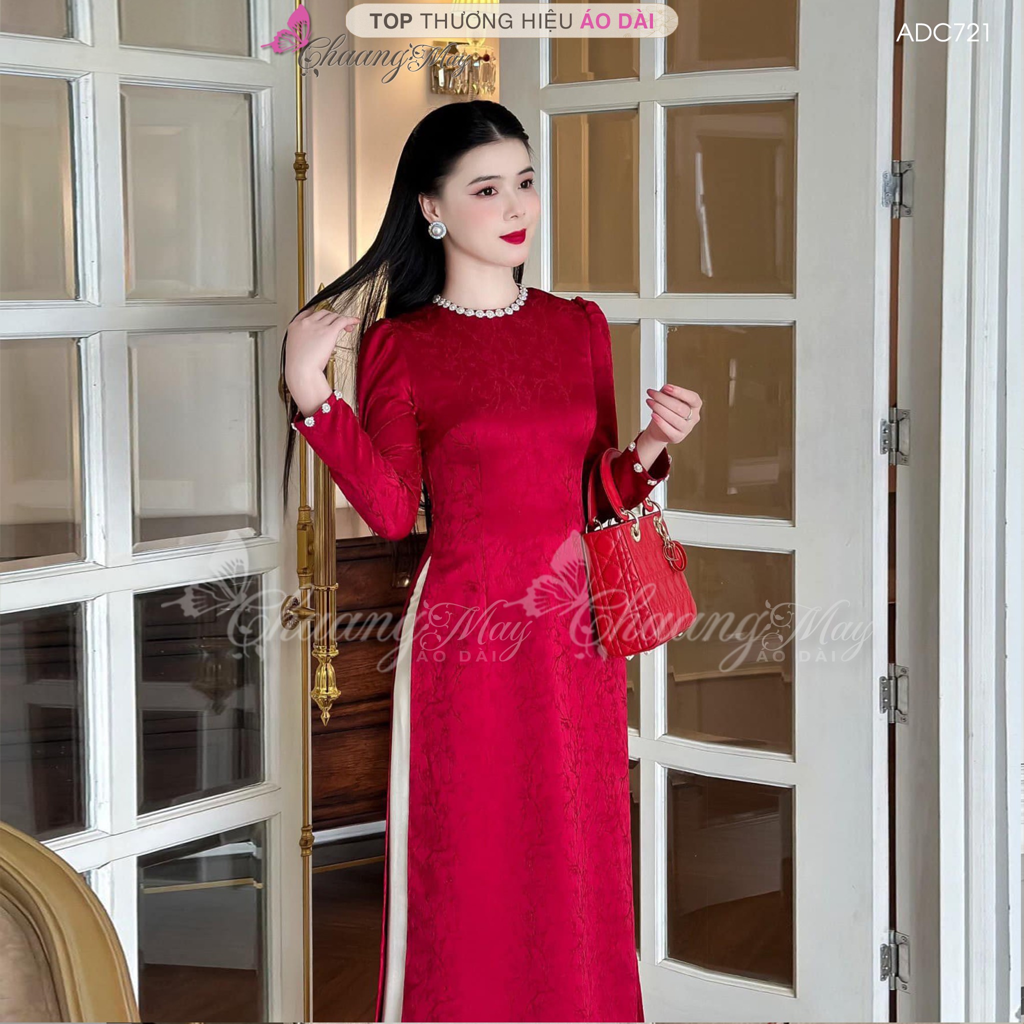 Áo dài xanh rêu cách tân nữ dáng suông xưa Chaang may sẵn lụa xuông bầu dự tiệc lễ tết đẹp ADC721