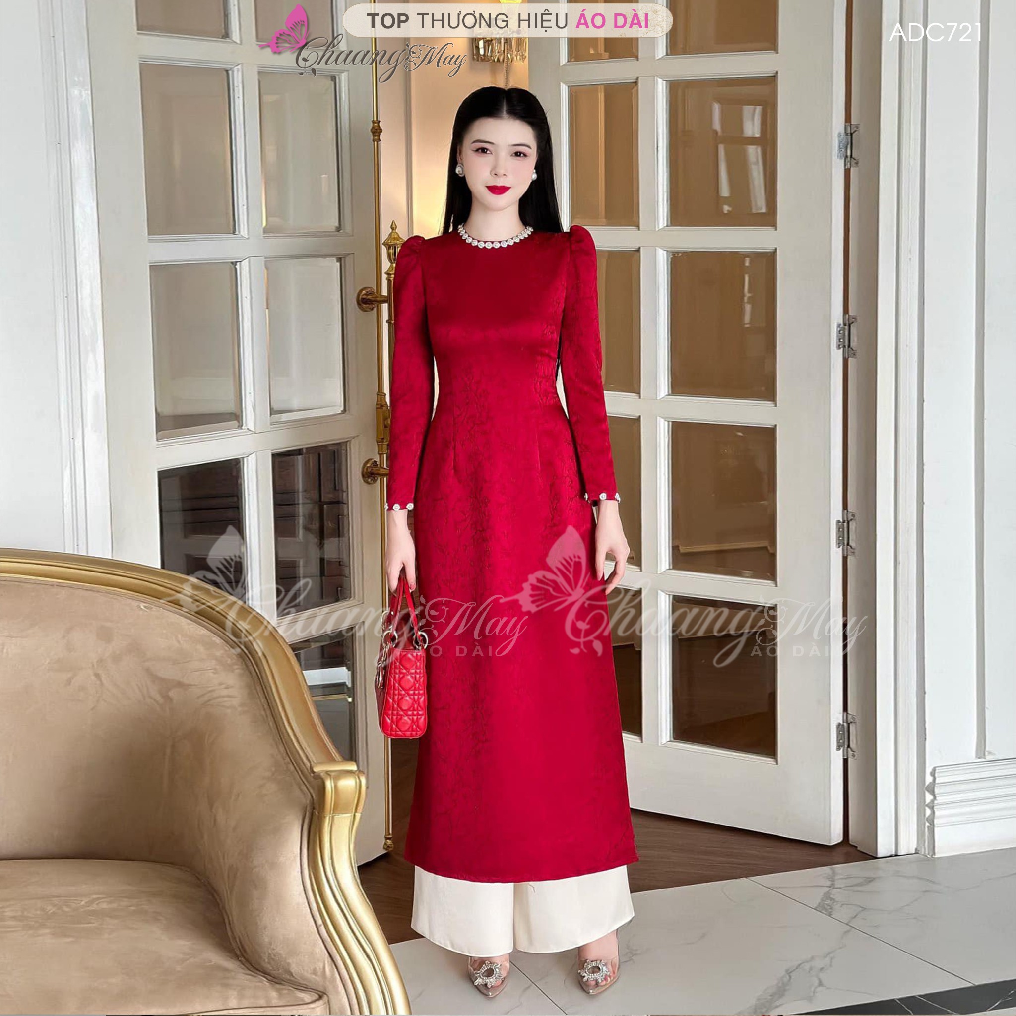 Áo dài Châu Sa truyền thống tay vai bồng Chaang may sẵn áo dài gấm xốp cổ tròn đính ngọc dự sự kiện tiệc cưới đẹp ADC721