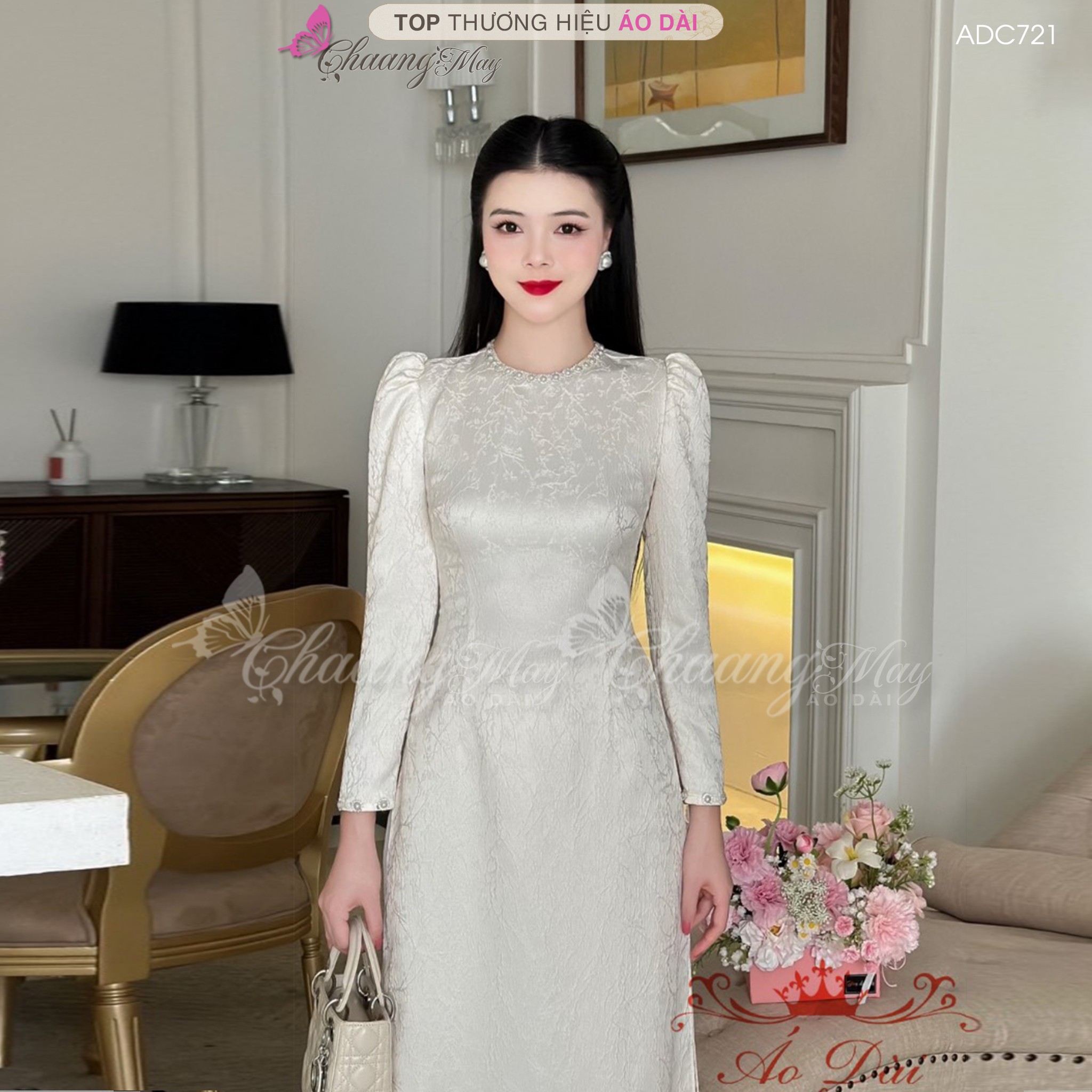Áo dài xanh rêu cách tân nữ dáng suông xưa Chaang may sẵn lụa xuông bầu dự tiệc lễ tết đẹp ADC721
