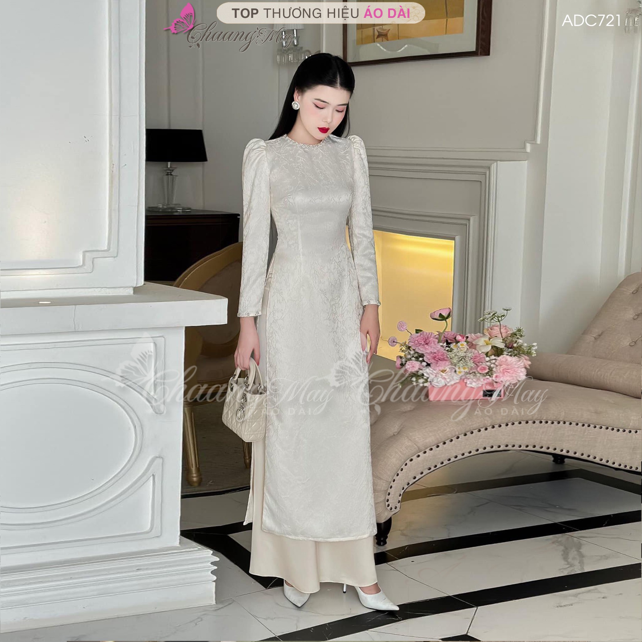 Áo dài xanh rêu cách tân nữ dáng suông xưa Chaang may sẵn lụa xuông bầu dự tiệc lễ tết đẹp ADC721
