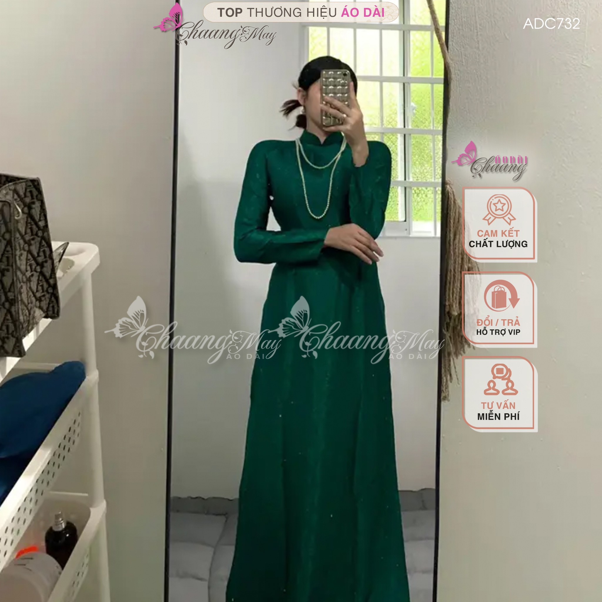 Áo dài truyền thống gấm tơ xanh rêu Chaang may sẵn áo dài phù hợp trẻ trung niên dự tiệc cưới lễ tết đẹp ADC732