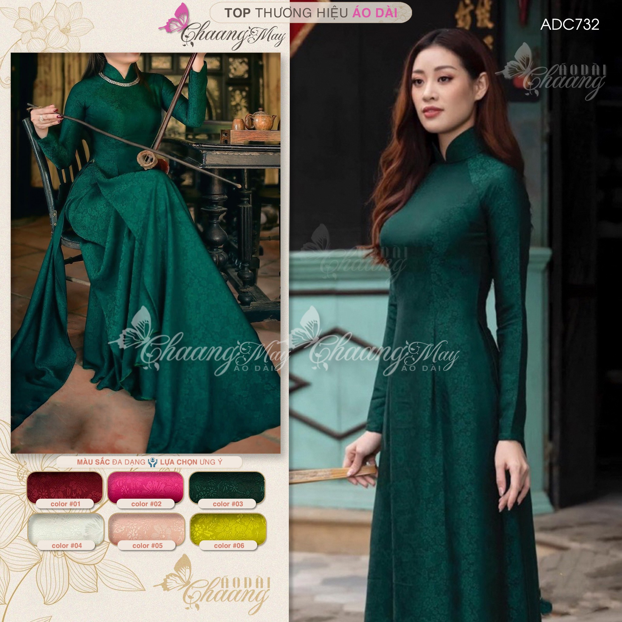 Áo dài truyền thống gấm tơ xanh rêu Chaang may sẵn áo dài phù hợp trẻ trung niên dự tiệc cưới lễ tết đẹp ADC732