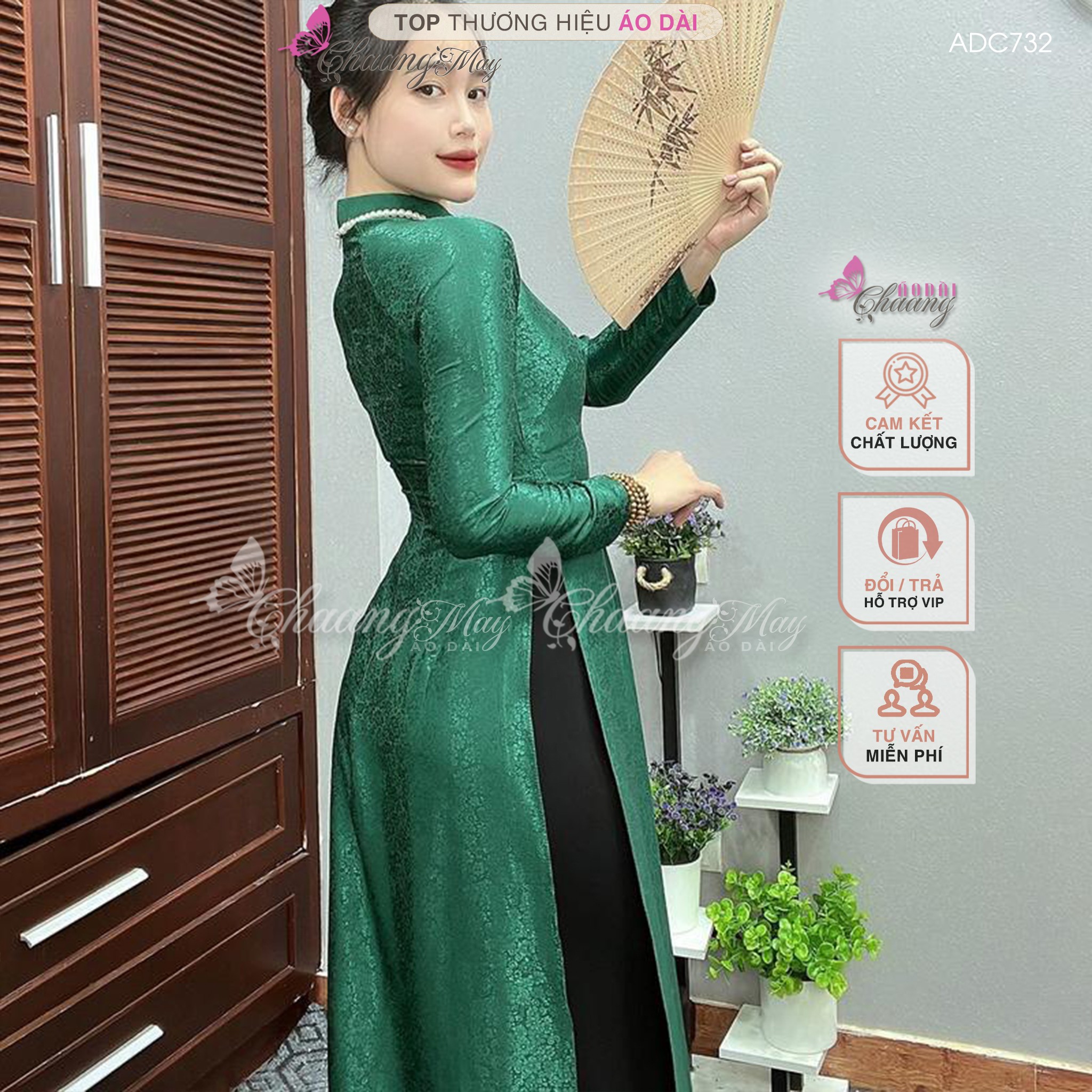 Áo dài truyền thống gấm tơ xanh rêu Chaang may sẵn áo dài phù hợp trẻ trung niên dự tiệc cưới lễ tết đẹp ADC732