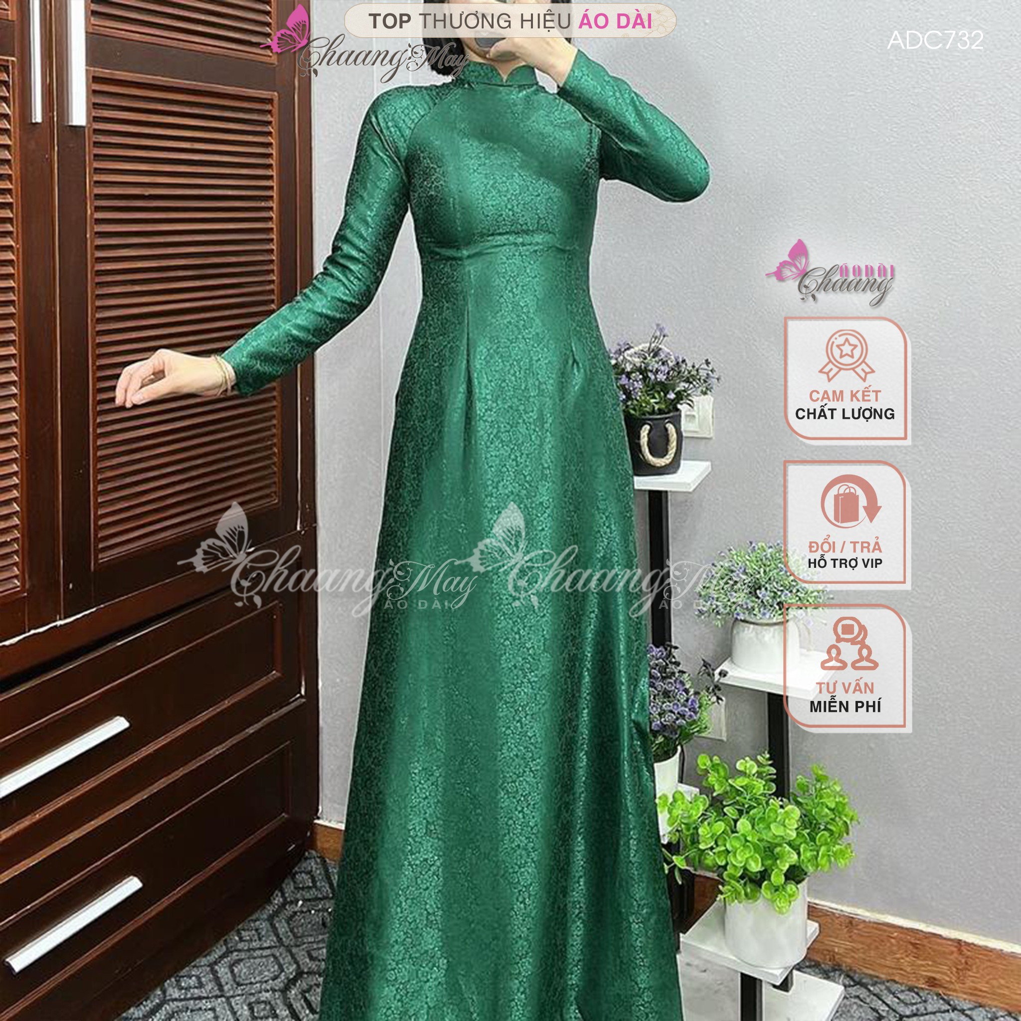 Áo dài truyền thống gấm tơ xanh rêu Chaang may sẵn áo dài phù hợp trẻ trung niên dự tiệc cưới lễ tết đẹp ADC732
